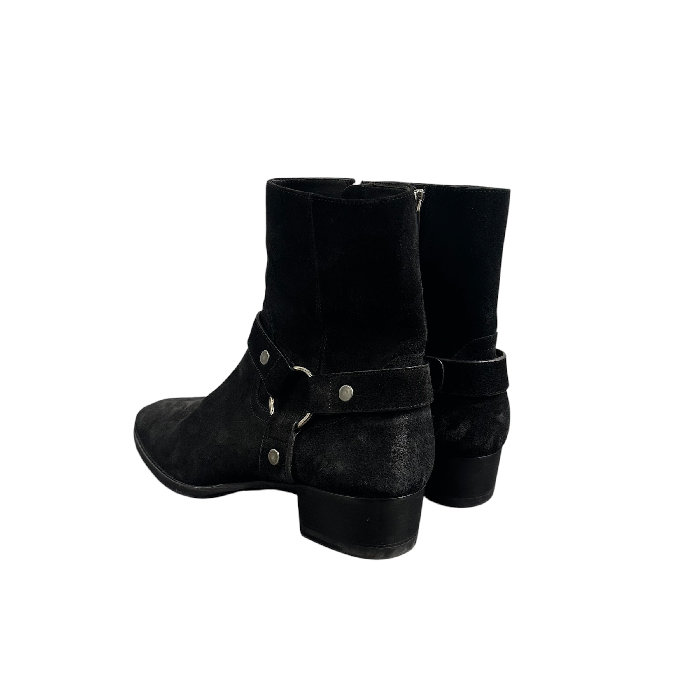 SAINT LAURENT WYATT HARNESS BLACK SUEDE BOOTS.