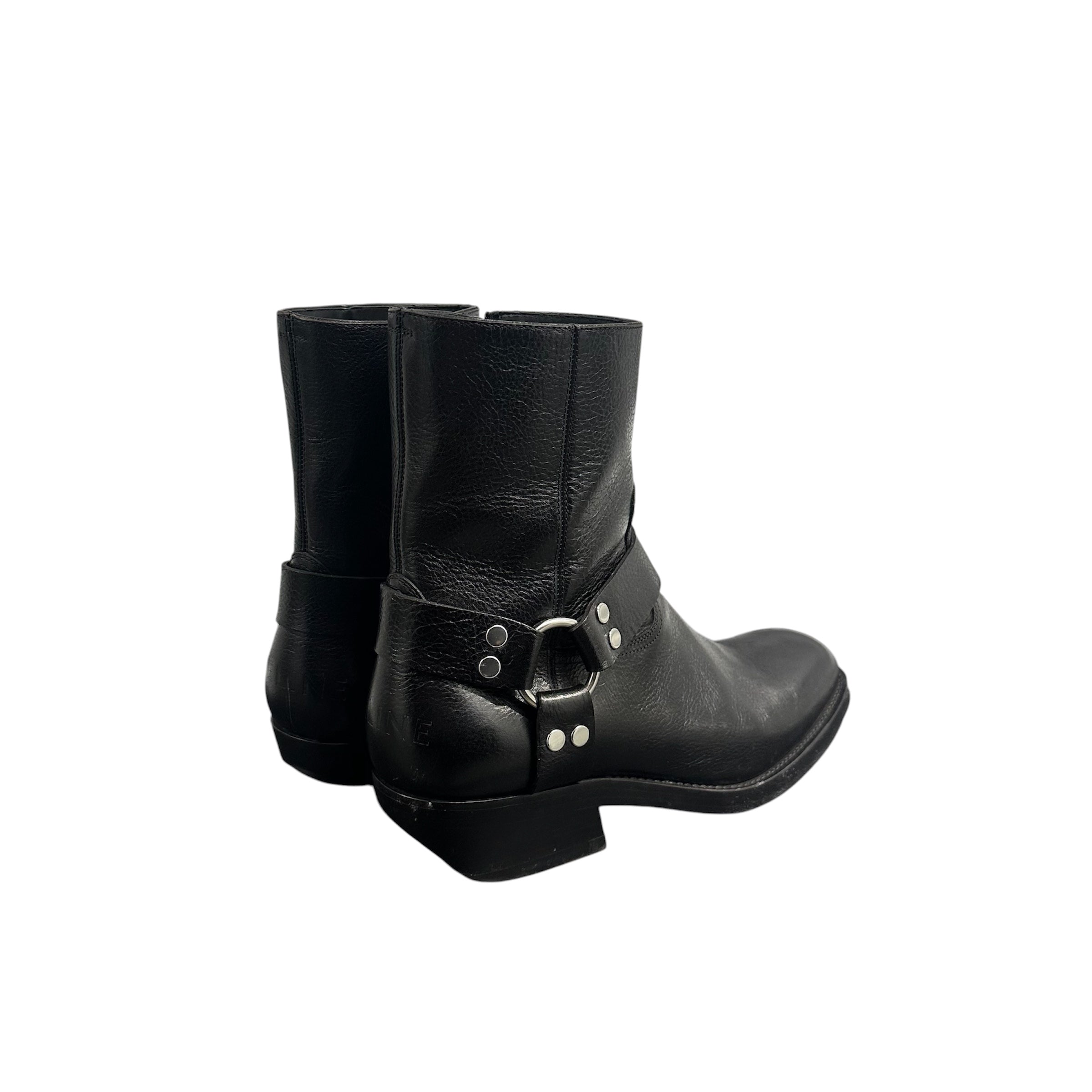 CELINE LEATHER HARNESS BOOTS.