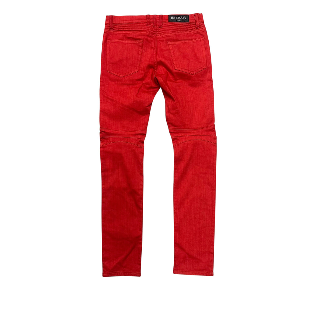 RED BALMAIN BIKER DENIM.