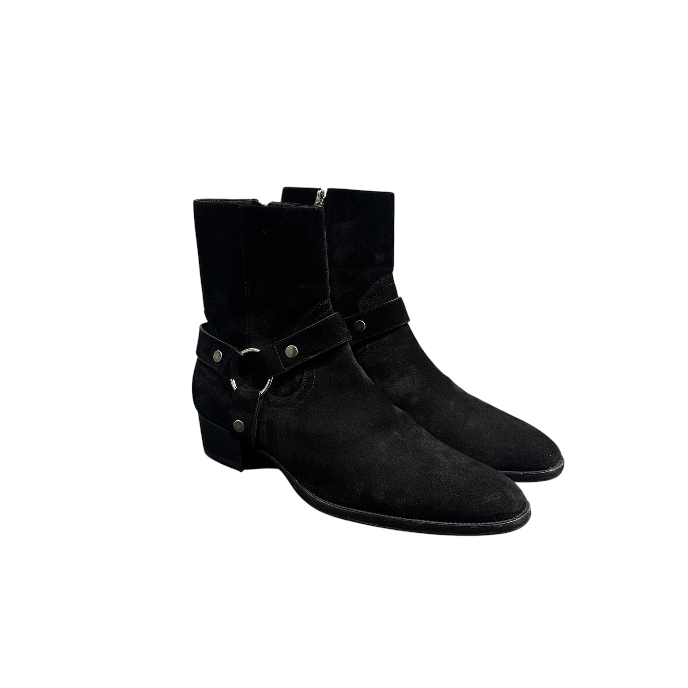 SAINT LAURENT WYATT HARNESS BLACK SUEDE BOOTS.