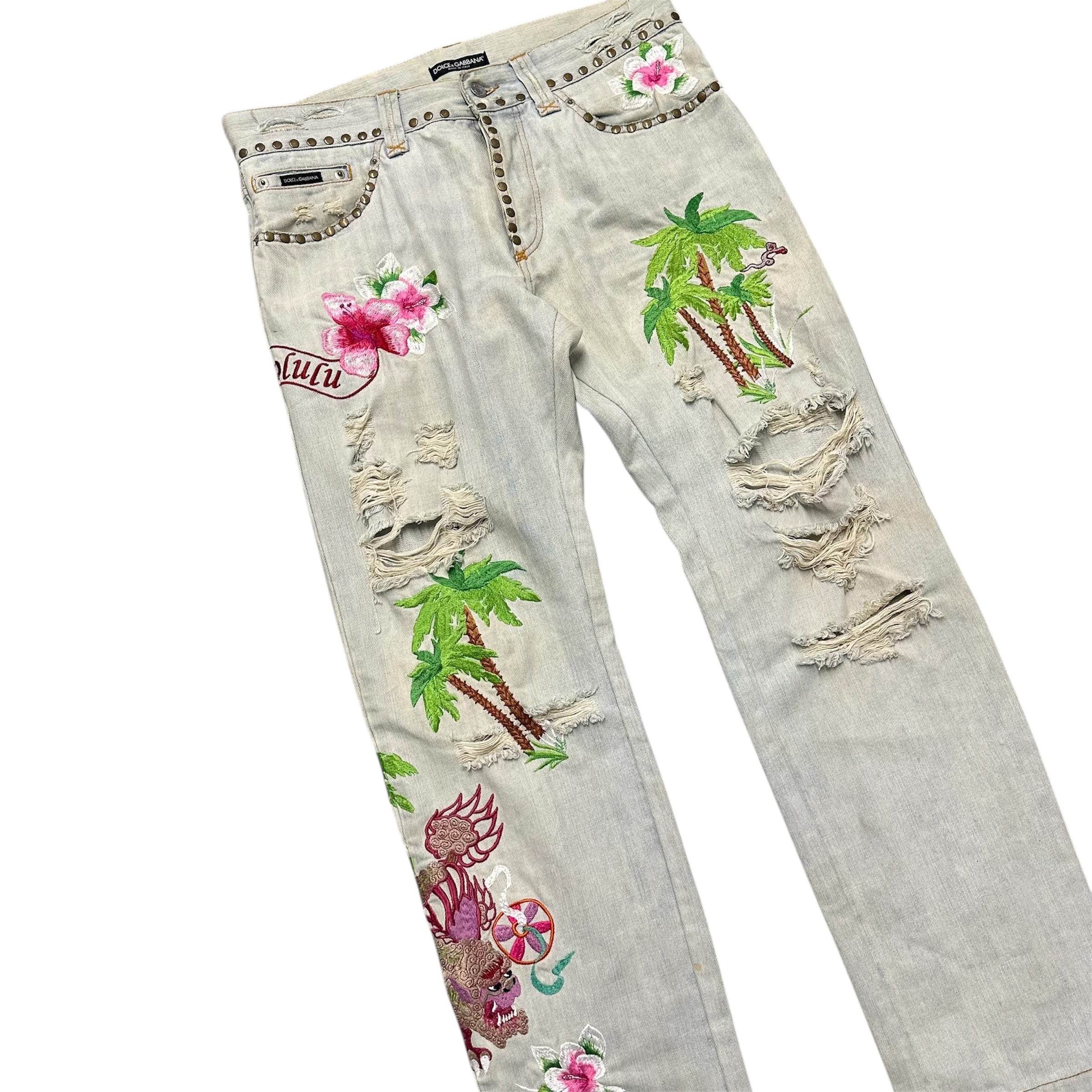 DOLCE & GABBANA HONOLULU EMBROIDERED JEANS.