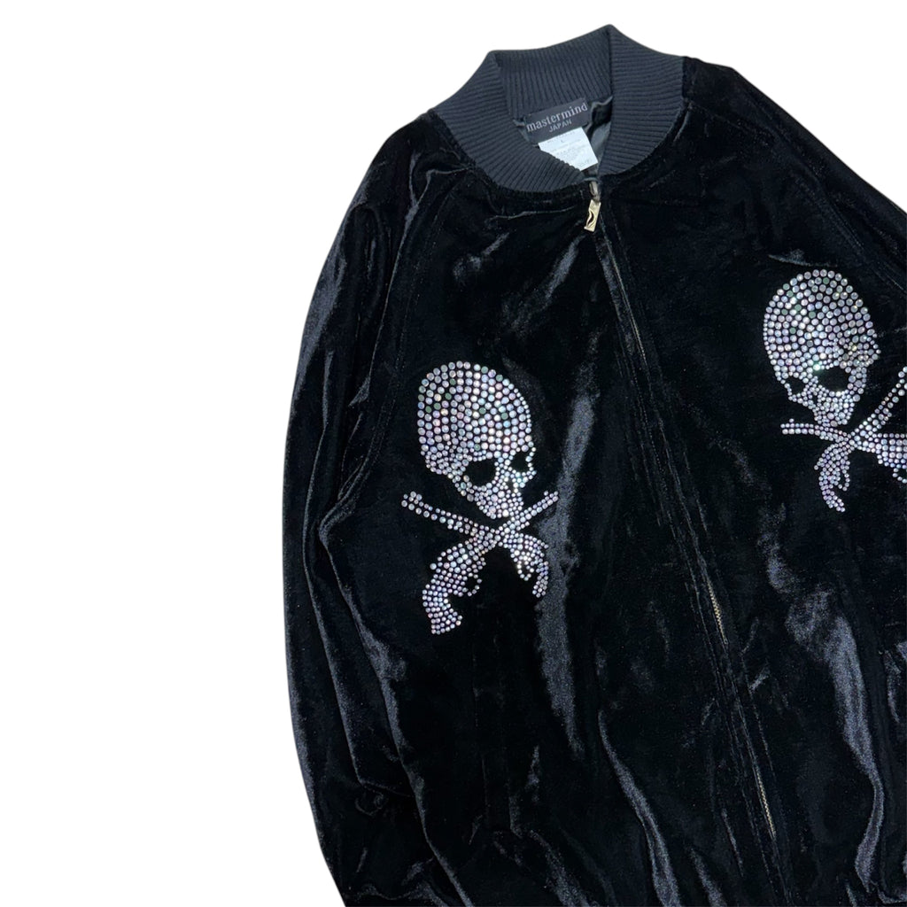 MASTERMIND X ROAR GUNS VELOUR RHINESTONE BOMBER JACKET.