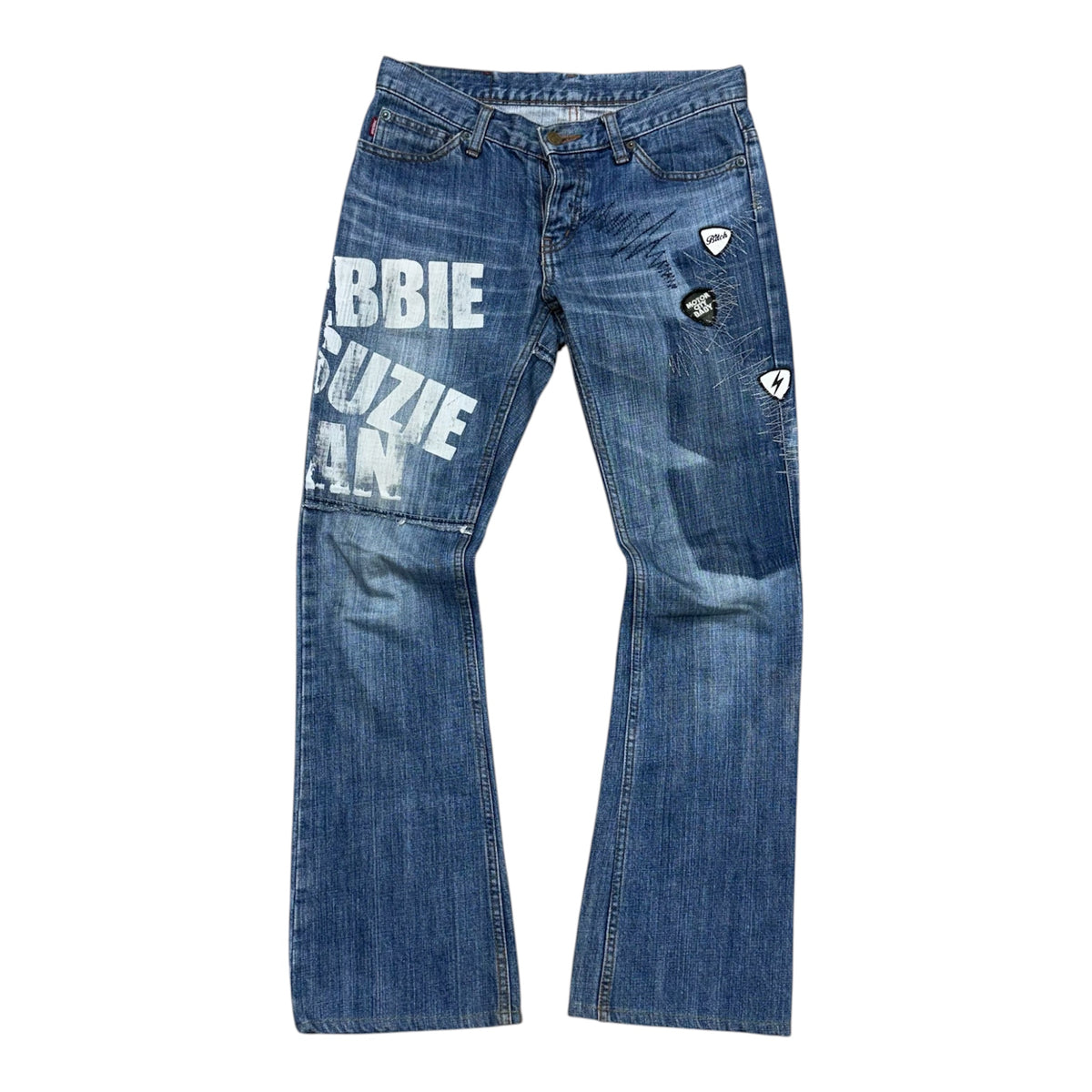 HYSTERIC GLAMOUR DEBBIE GUITAR PICK DENIM PANTS.