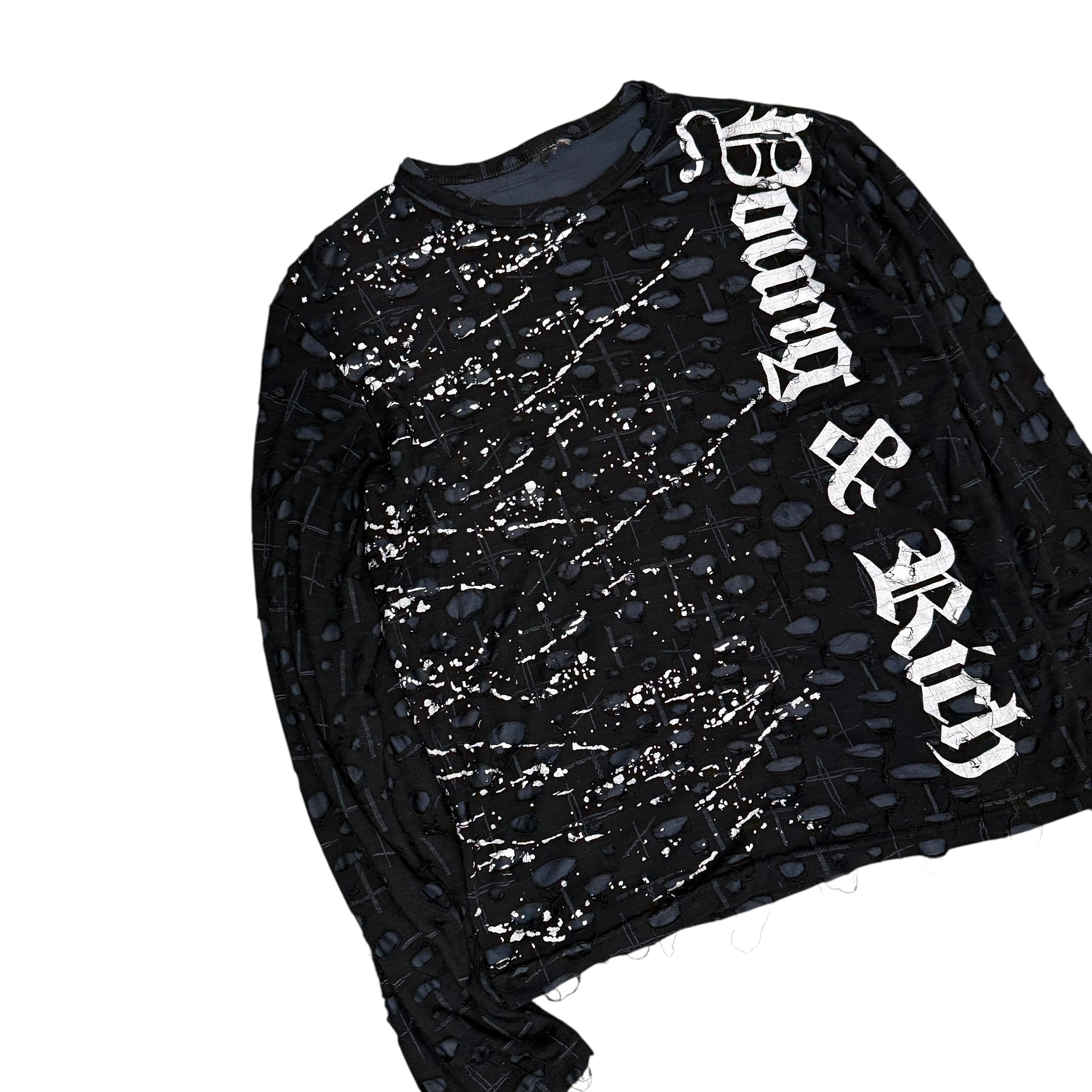 DISTRESSED PAINT SPLATTER JAPANESE BLACK LONGSLEEVE SHIRT.