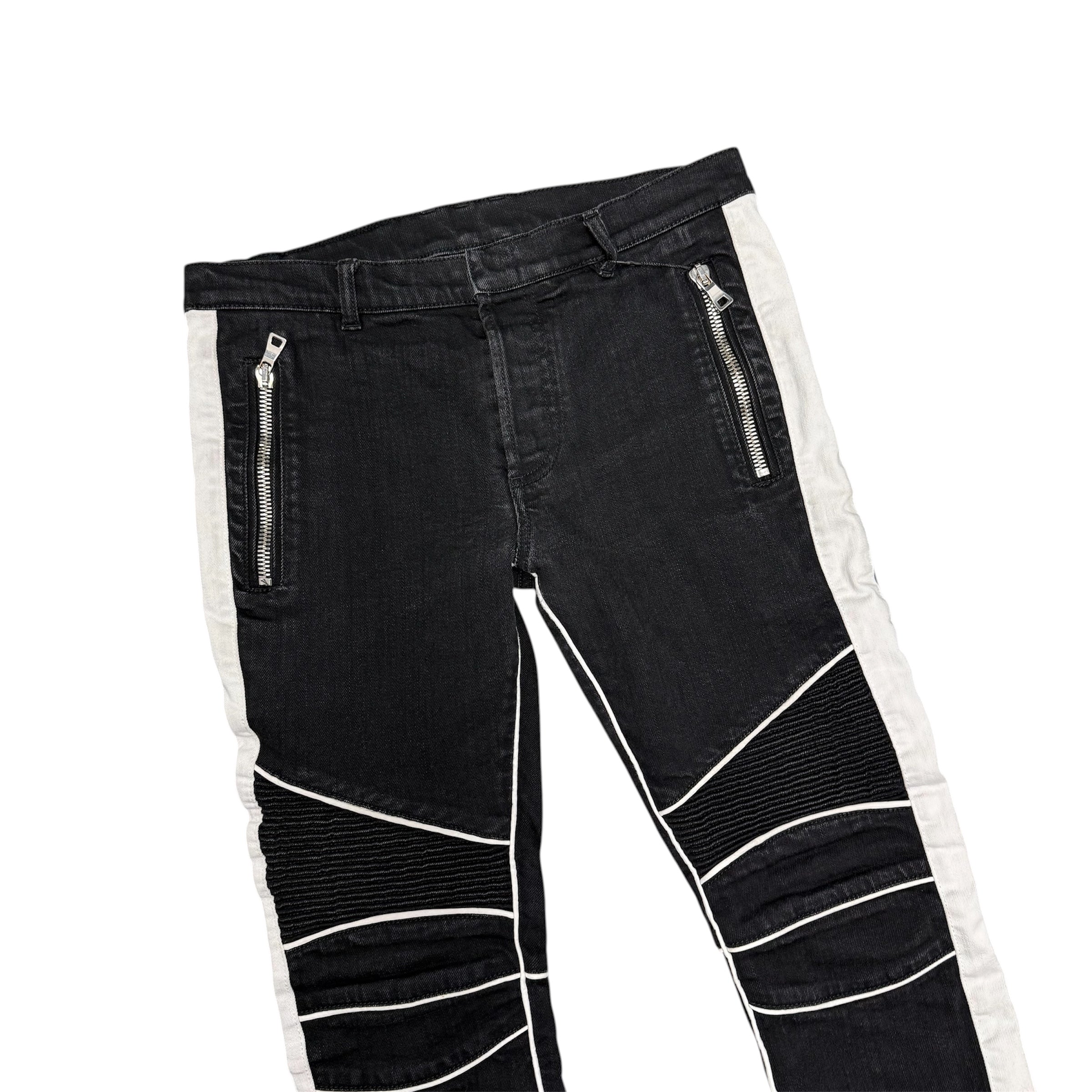 BALMAIN BLACK & WHITE SLIM BIKER JEANS.