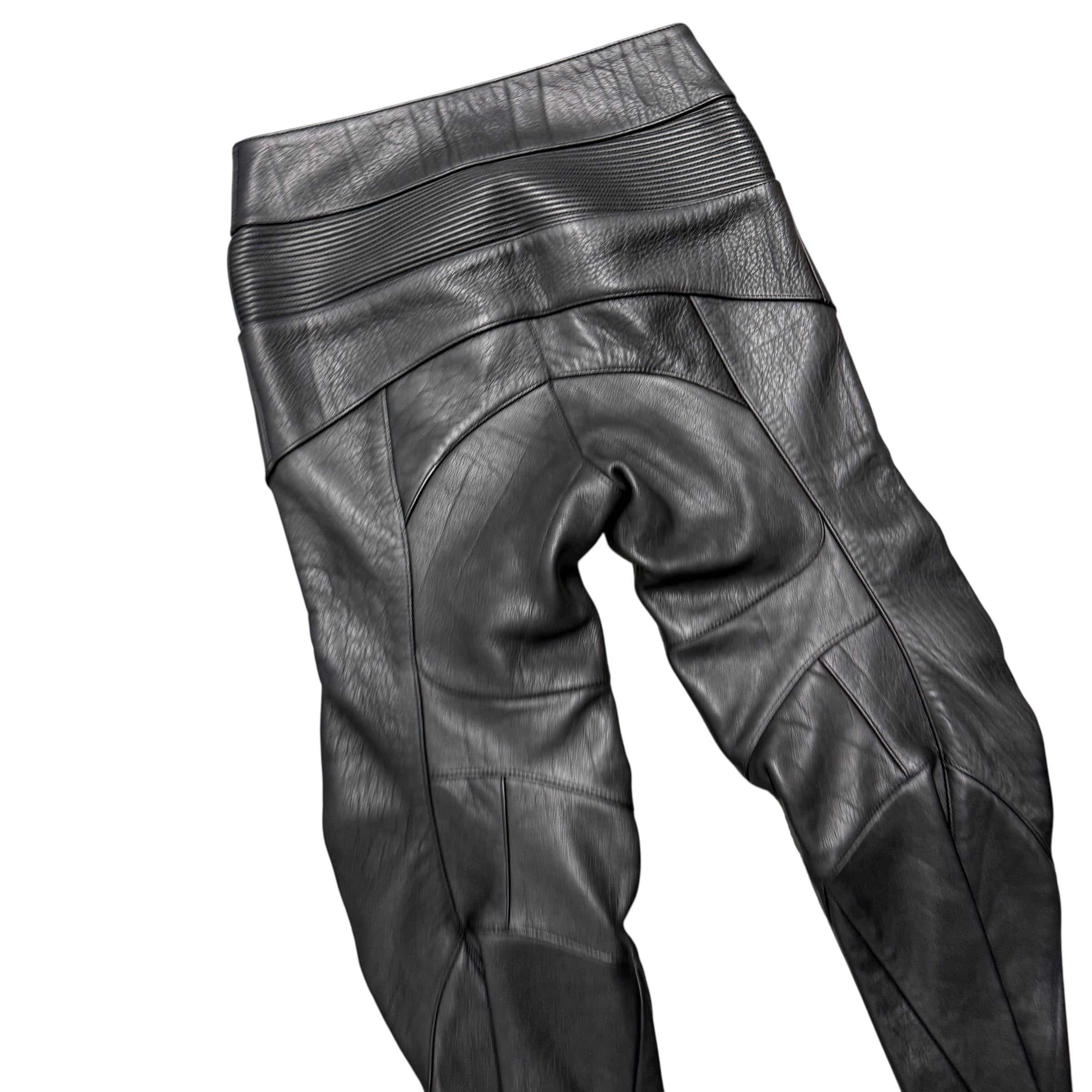 VETEMENTS SS16 REWORKED LEATHER TROUSERS IN BLACK.