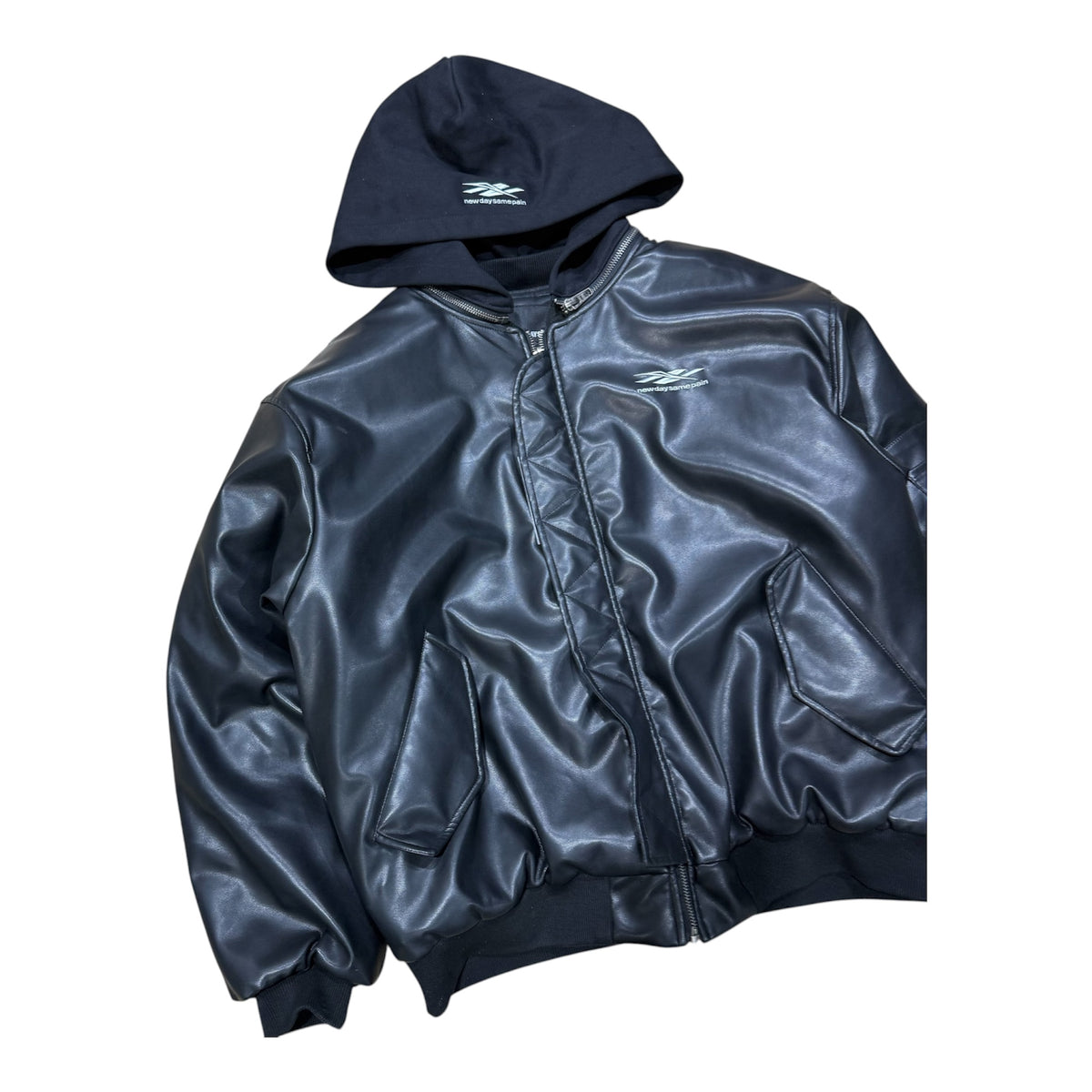 NEW DAY SAME PAIN BLACK LEATHER BOMBER JACKET.