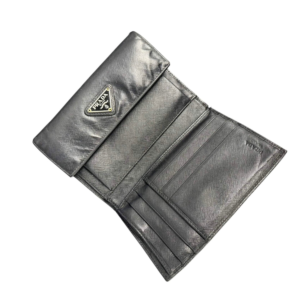 PRADA SAFFIANO LEATHER FLAP WALLET.