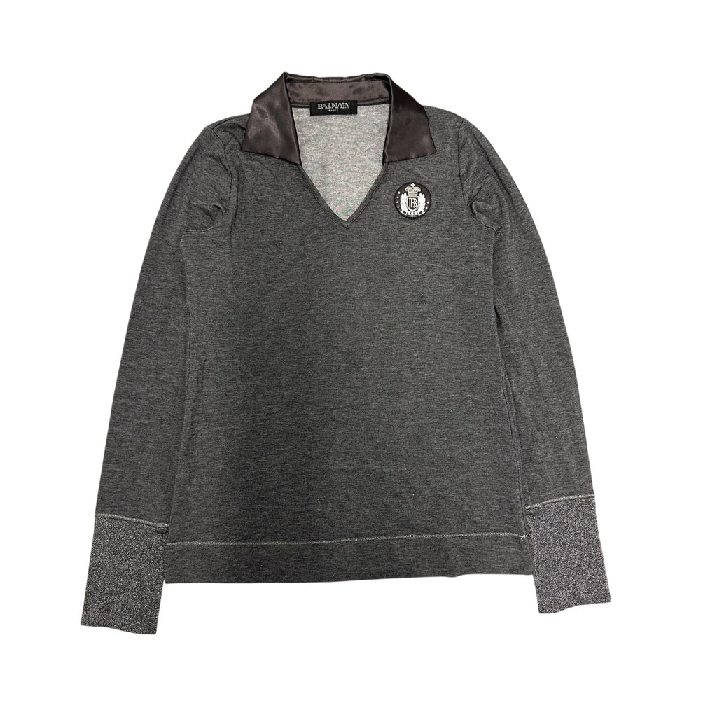 BALMAIN PATCH SATIN COLLAR POLO LONGSLEEVE.