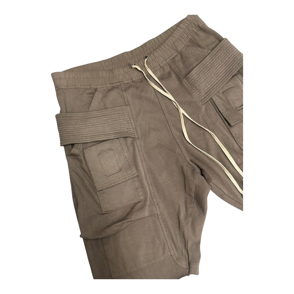 RICK OWENS BROWN SUEDE CREATCH CARGO SHORTS.