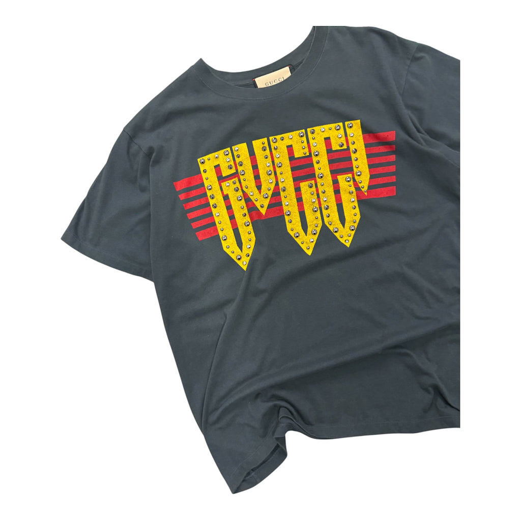 GUCCI ROCK STUDDED GRAY LOGO SHIRT.