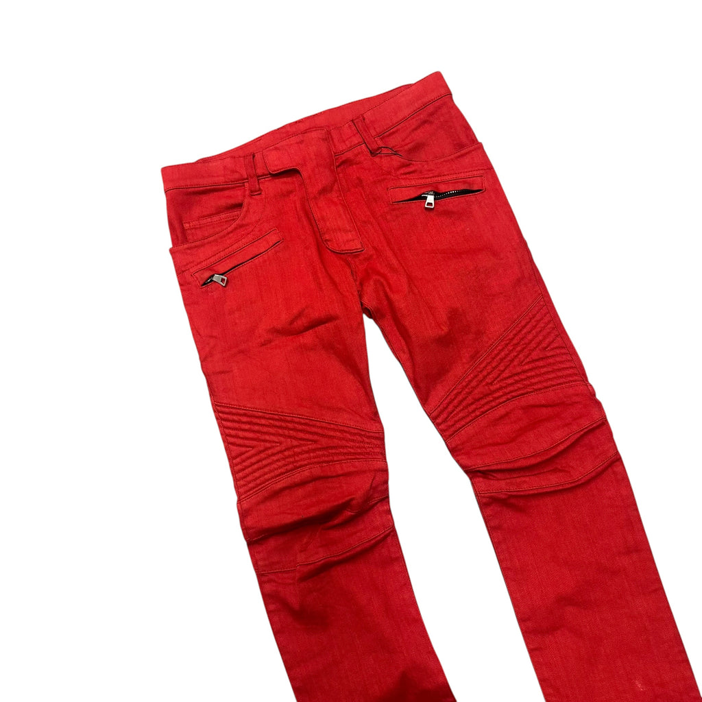 RED BALMAIN BIKER DENIM.