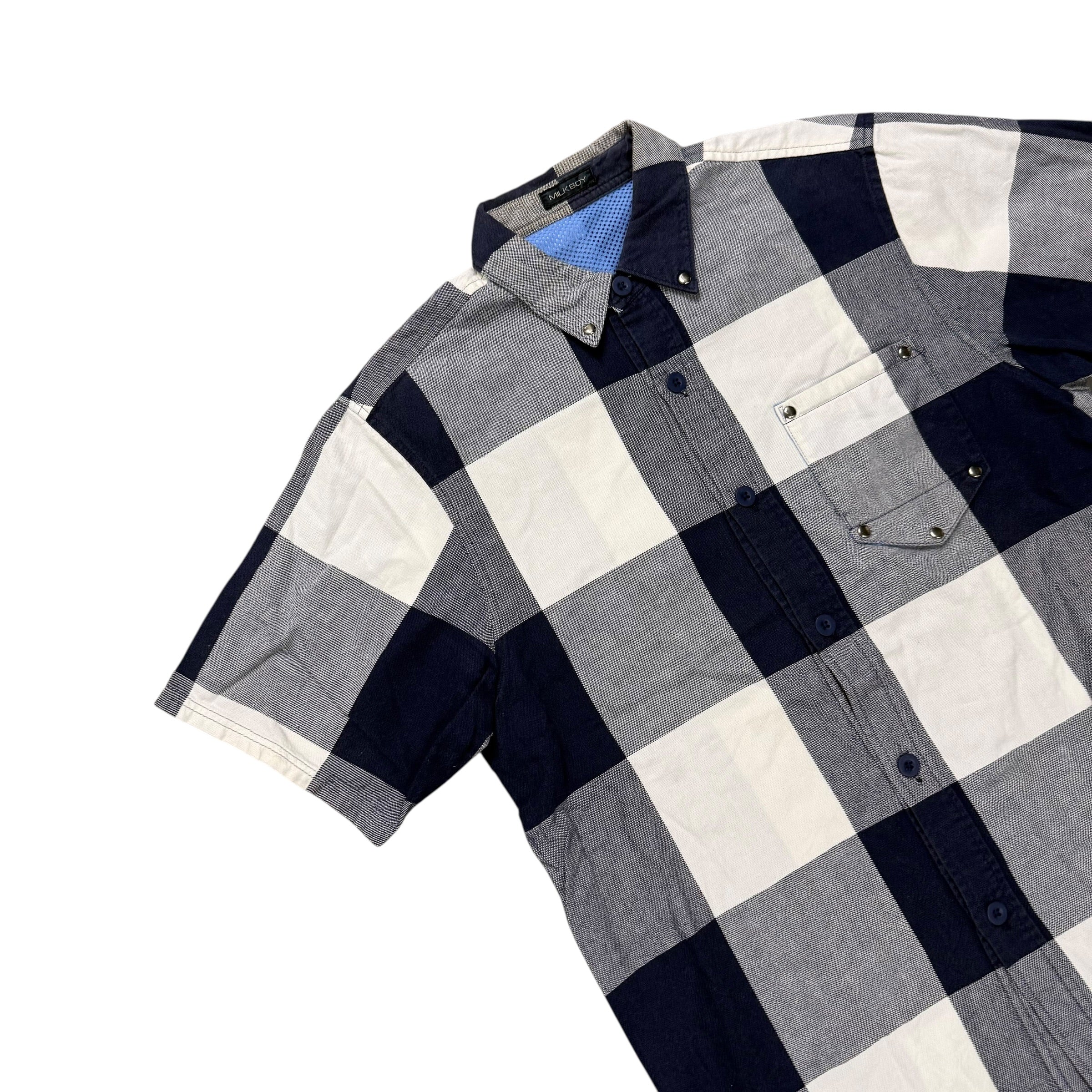 MILKBOY PLAID BUTTON UP SHIRT.