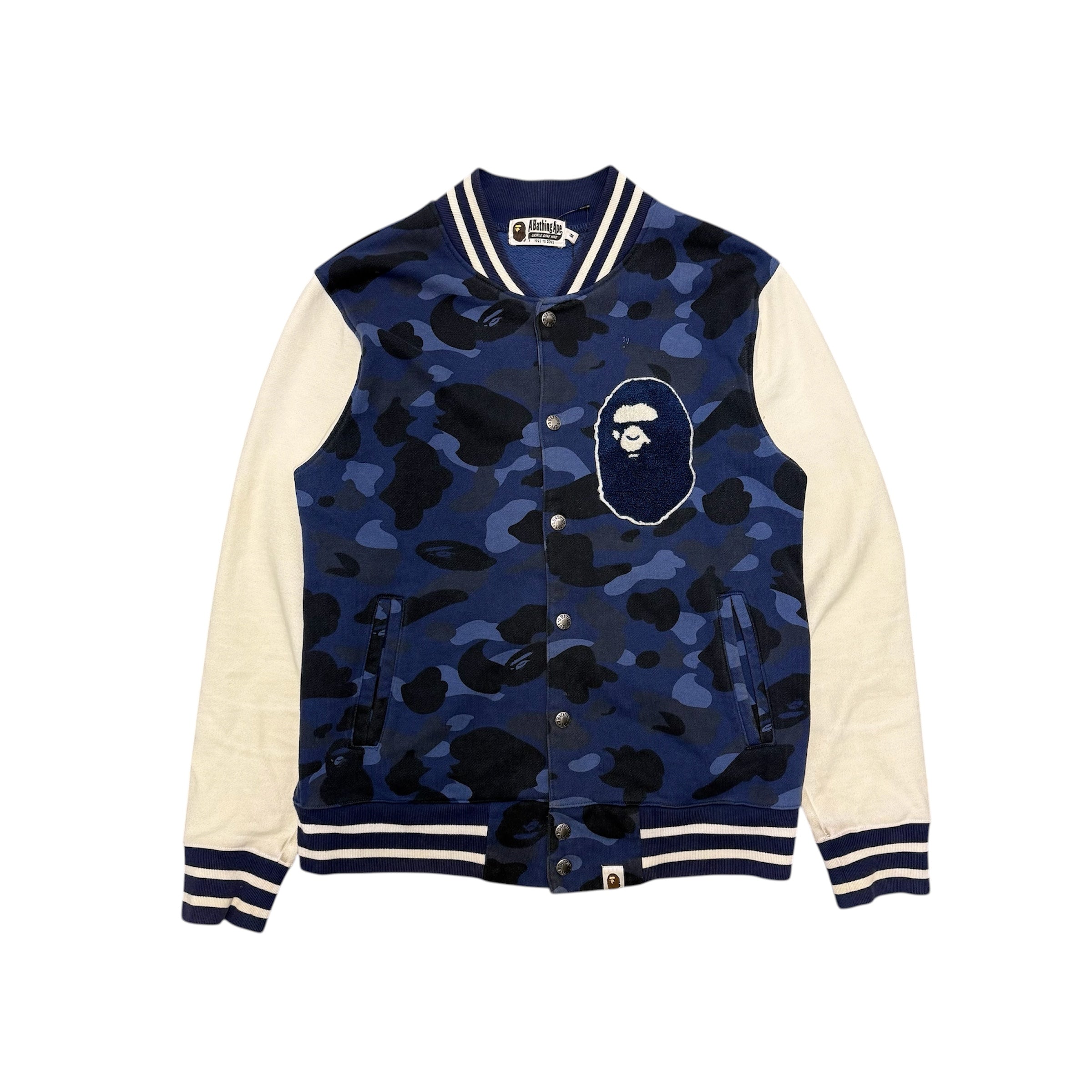 BAPE BLUE CAMO VARSITY JACKET.