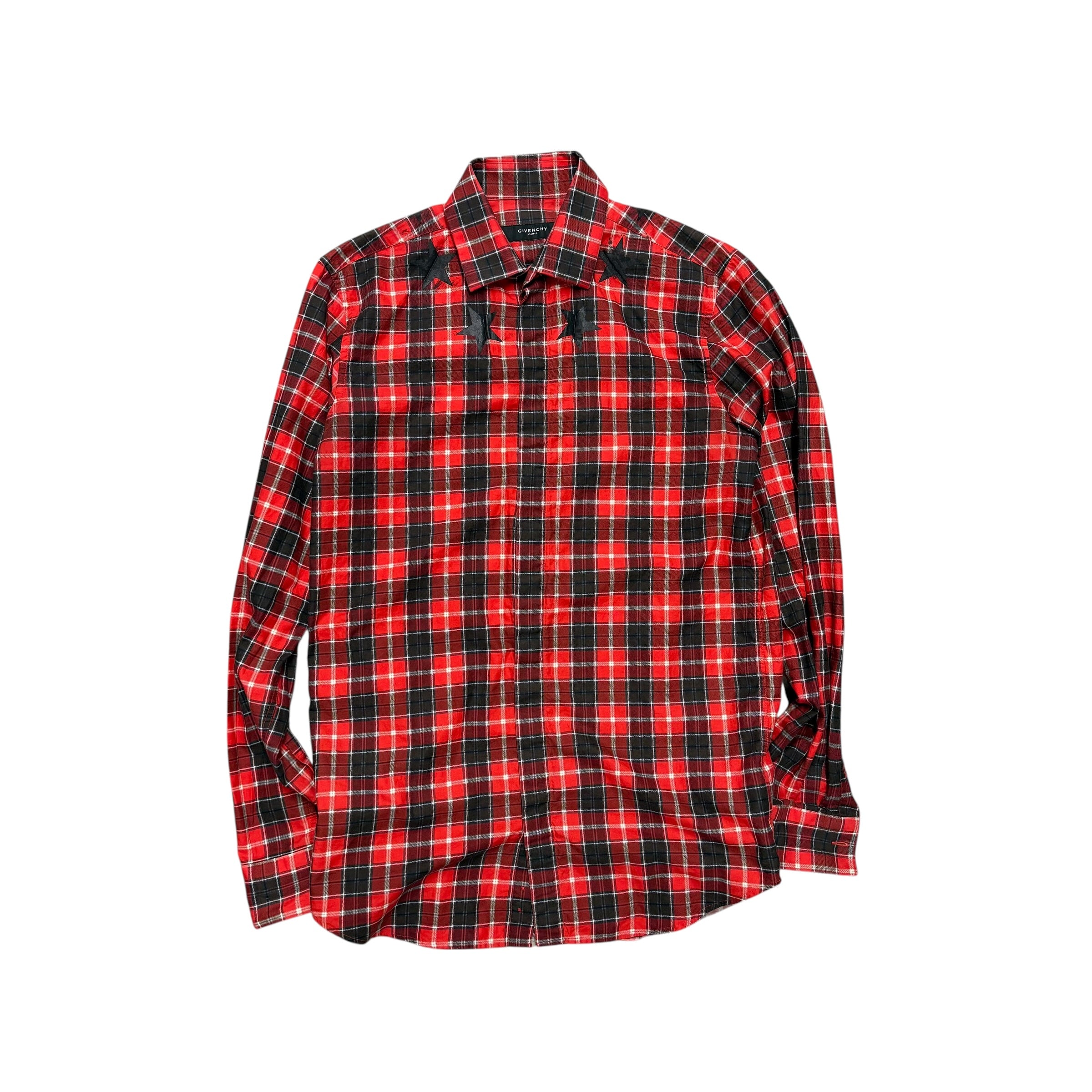 GIVENCHY STAR RED PLAID BUTTON UP.