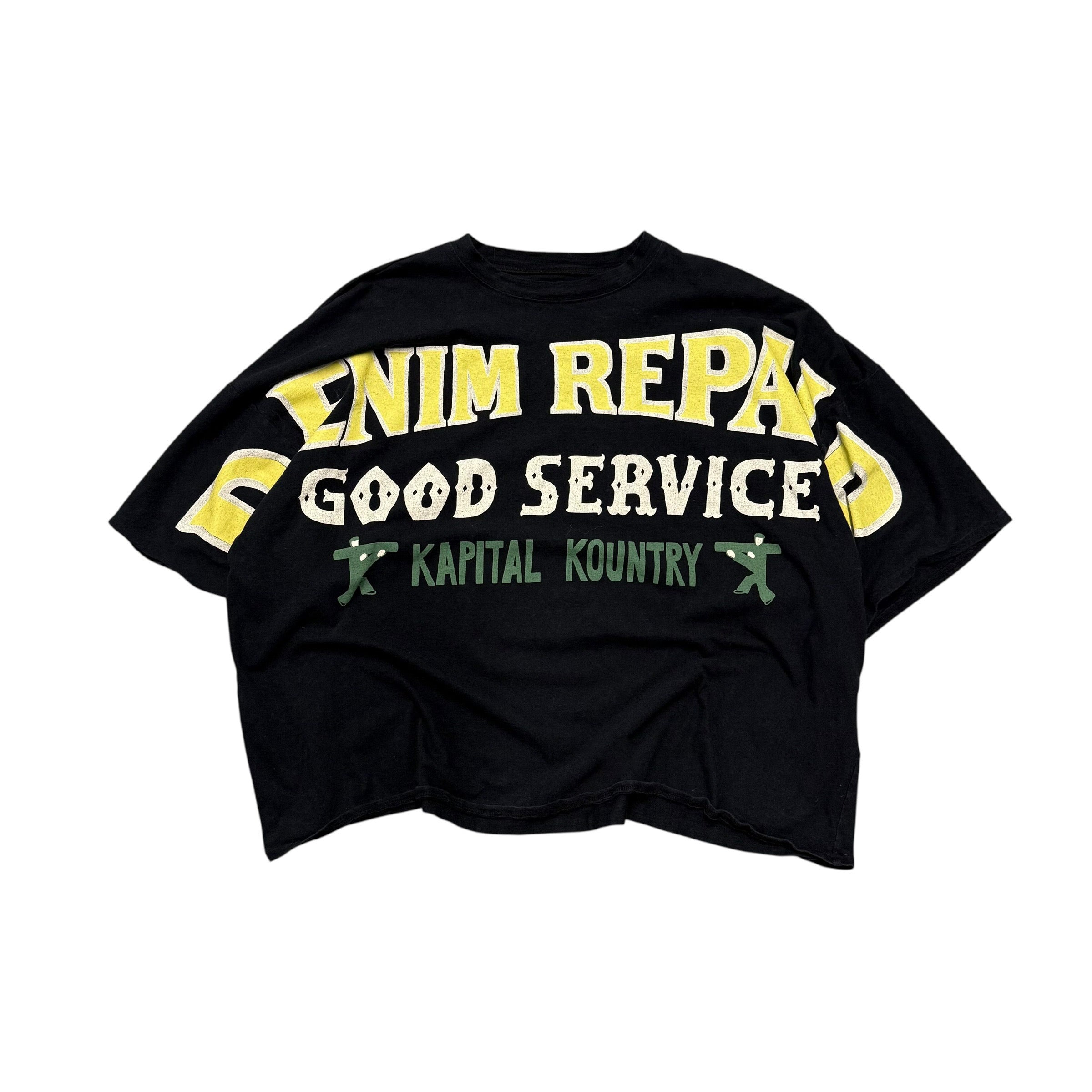 KAPITAL DENIM REPAIR BLACK CROPPED TEE.