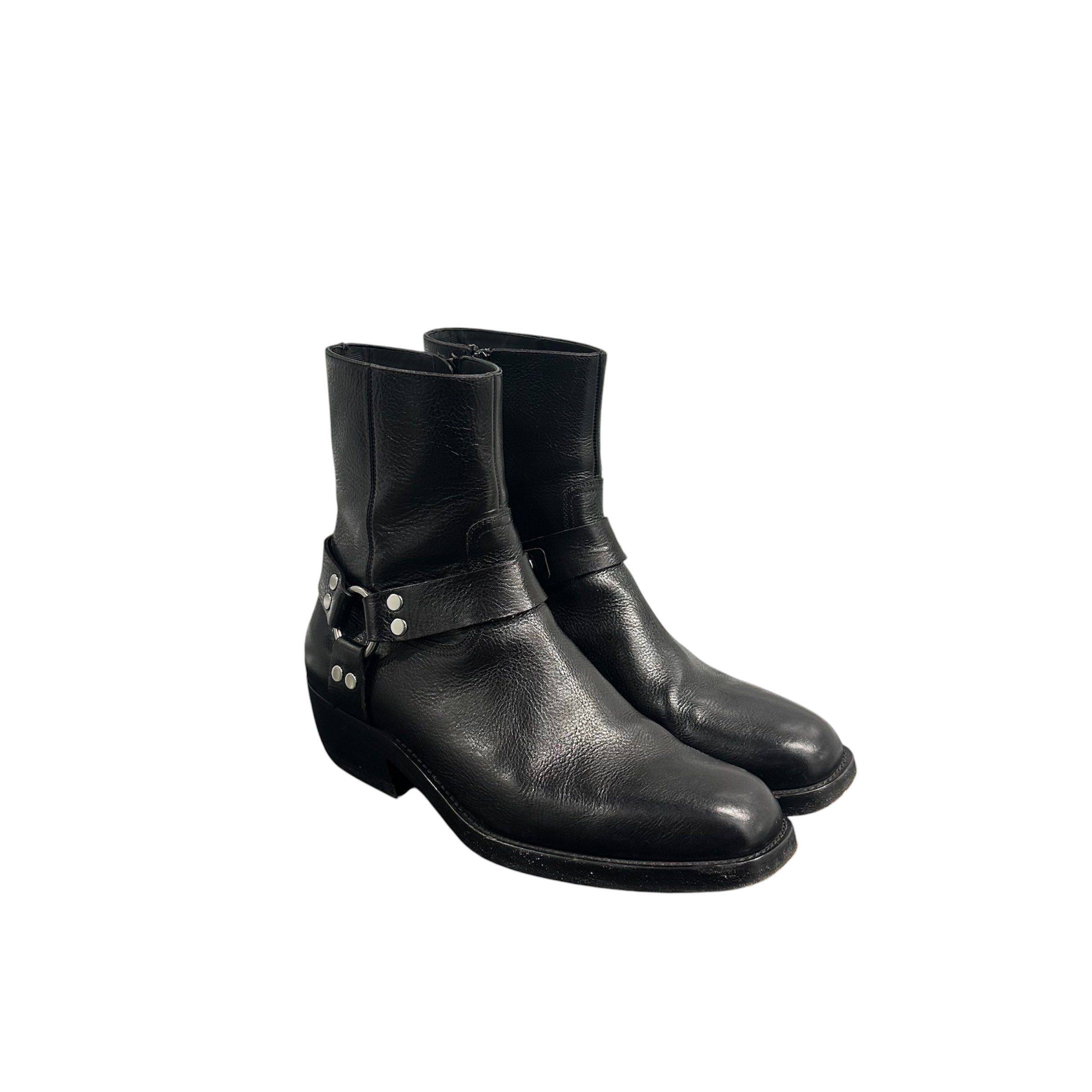CELINE LEATHER HARNESS BOOTS.
