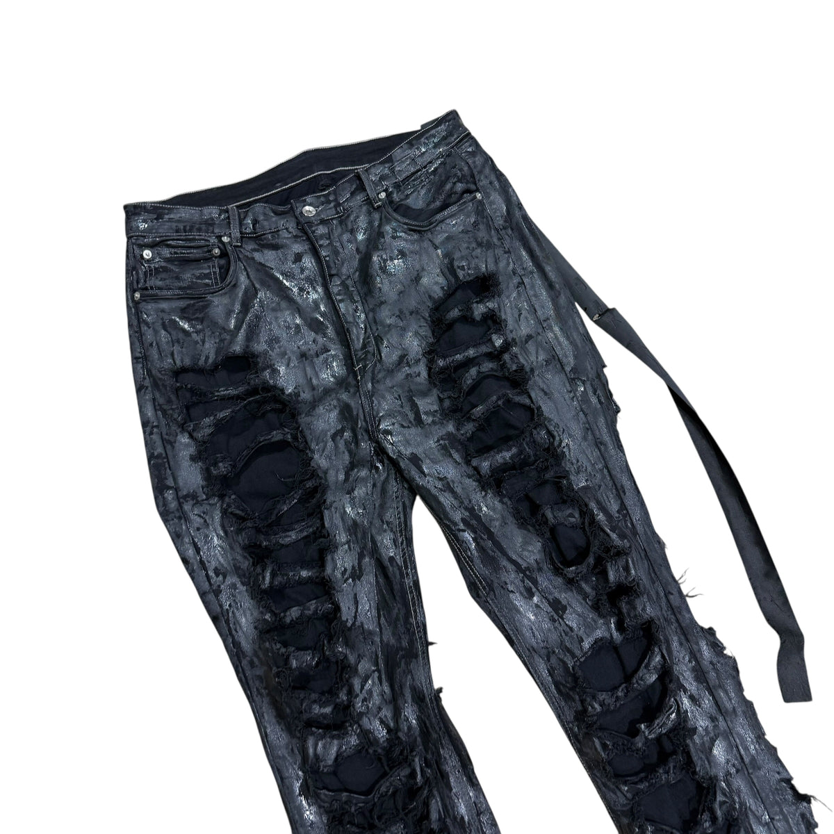 RICK OWENS DETROIT CUT DESTROYED JEANS.