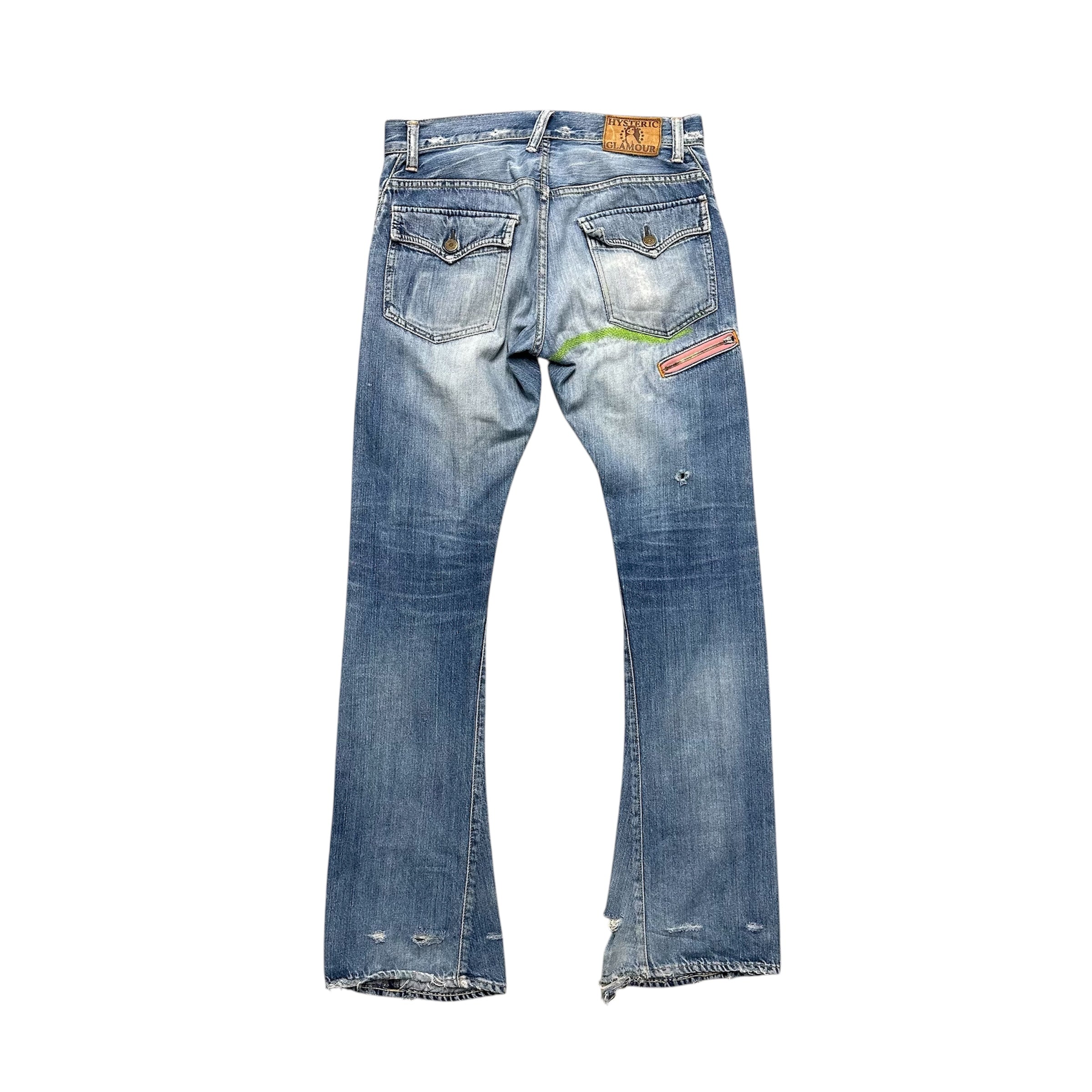HYSTERIC GLAMOUR PINK ZIPPER FLARED DENIM.