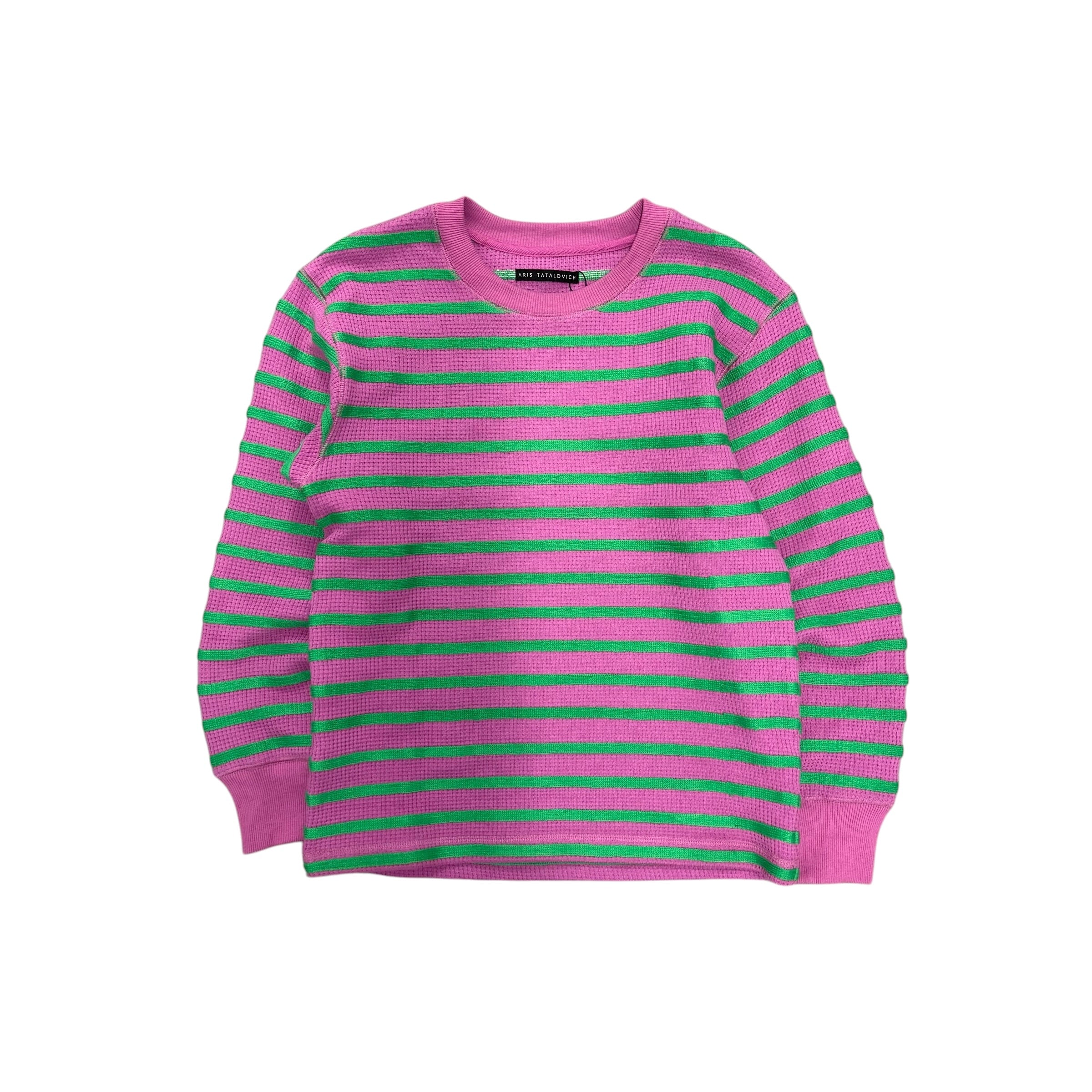ARIS TATALOVICH PURPLE AND GREEN LONGSLEEVE SWEATER.