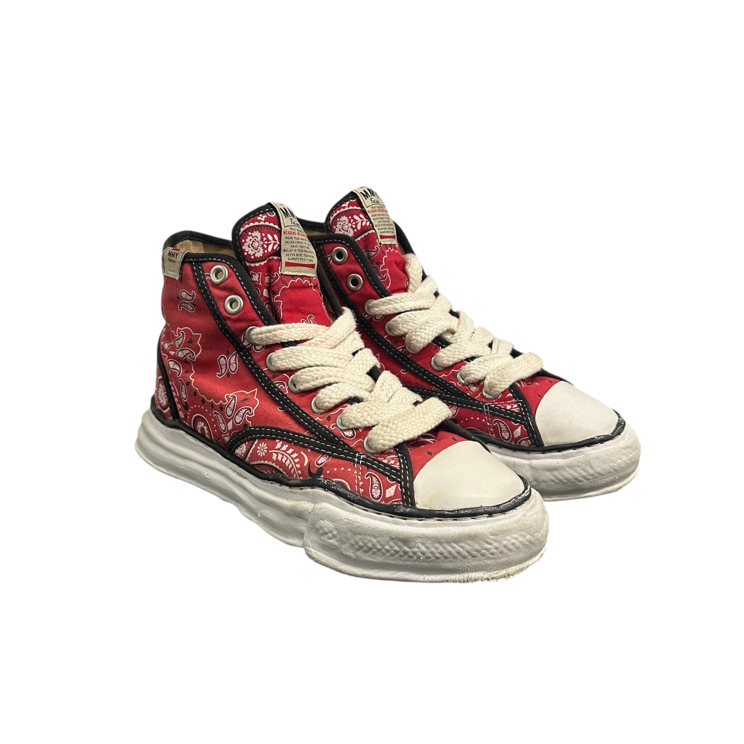 MAISON MIHARA RED PAISLEY HIGH TOP SNEAKERS.