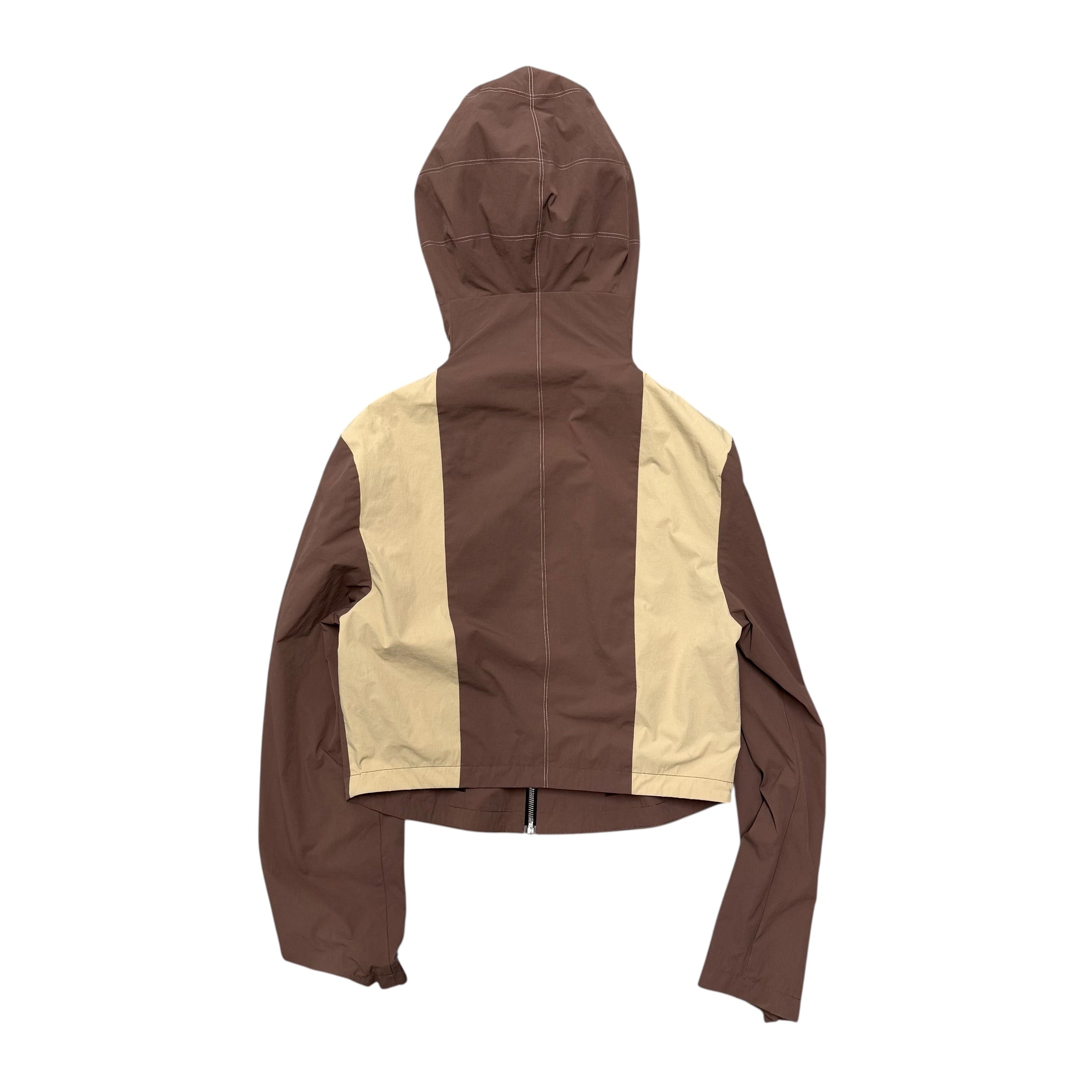 UNCERTAIN FACTOR BROWN ZIP UP NYLON JACKET.