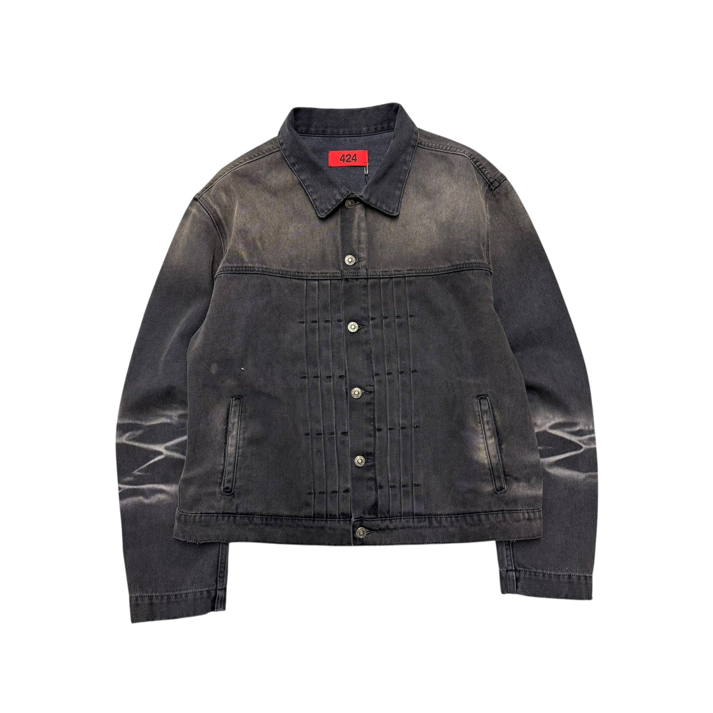 424 BLACK FADED DISTRESSED DENIM JACKET.