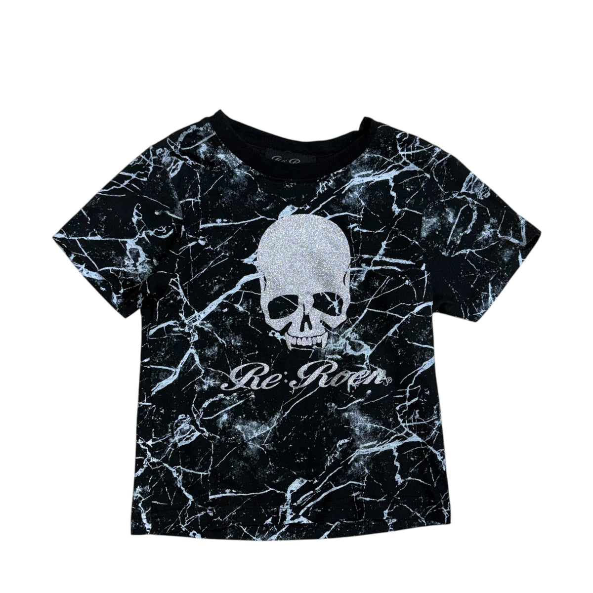 WOMENS RE-ROAN GLITTER SKULL BABY TEE.