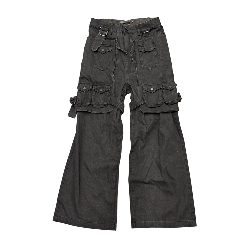 TROUBLED WATERS BONDAGE BLACK MULTI POCKET CARGO WAXED PANTS.