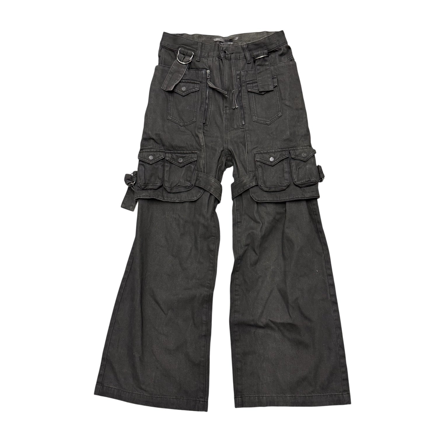 TROUBLED WATERS BONDAGE BLACK MULTI POCKET CARGO WAXED PANTS.