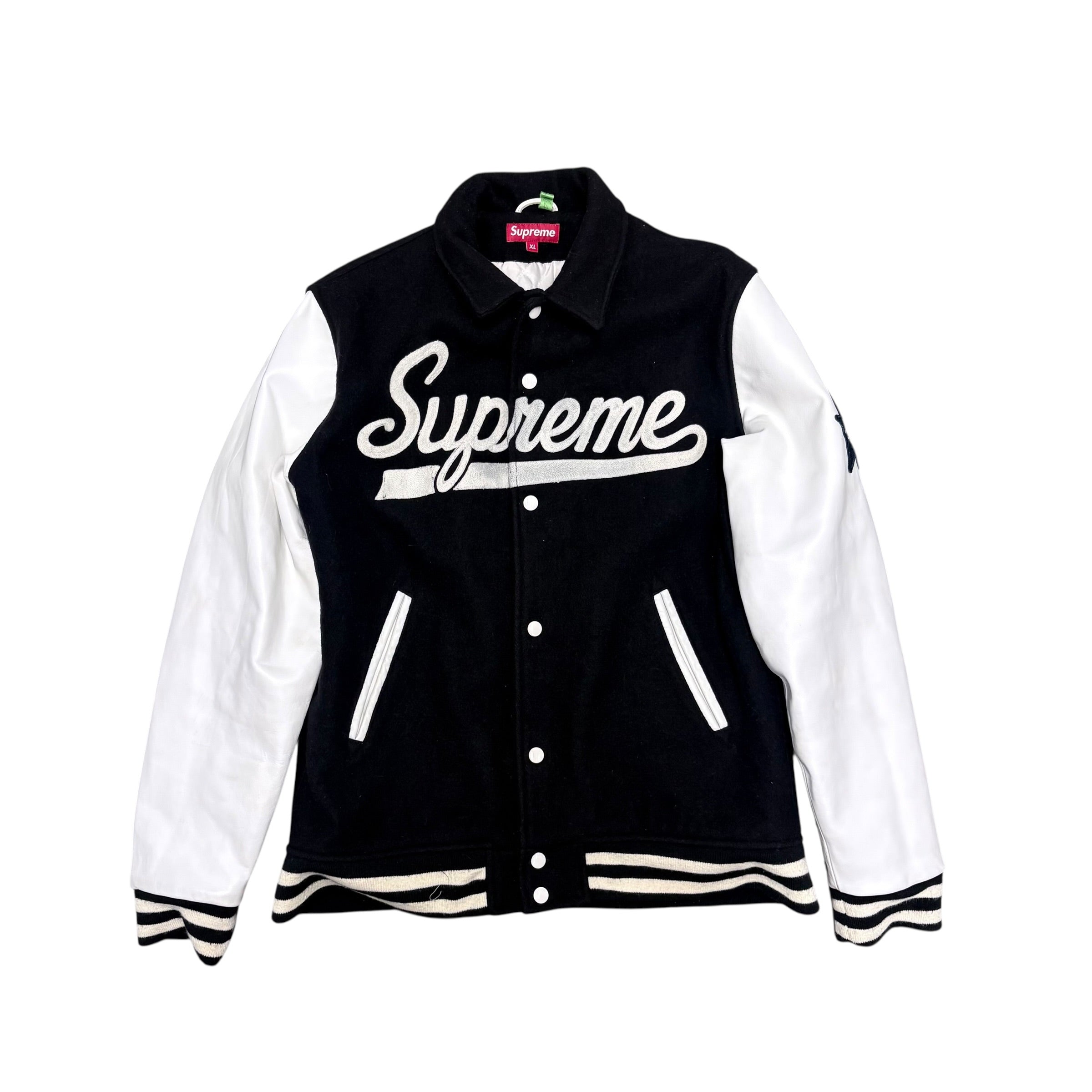 SUPREME SACRED HEART WARRIORS LEATHER LETTERMAN JACKET.