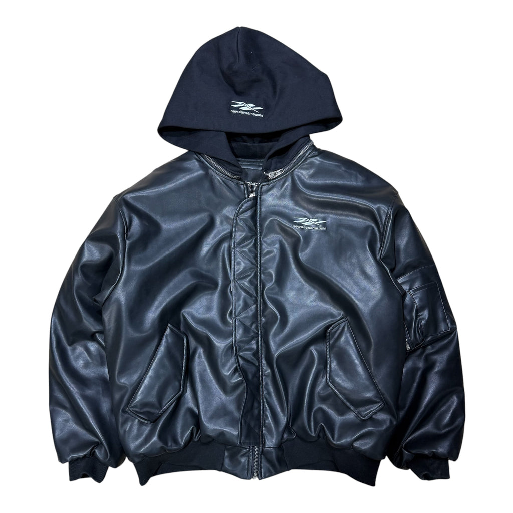 NEW DAY SAME PAIN BLACK LEATHER BOMBER JACKET.
