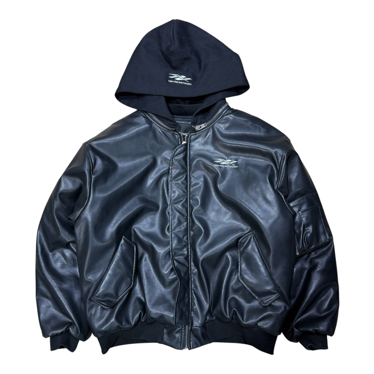 NEW DAY SAME PAIN BLACK LEATHER BOMBER JACKET.