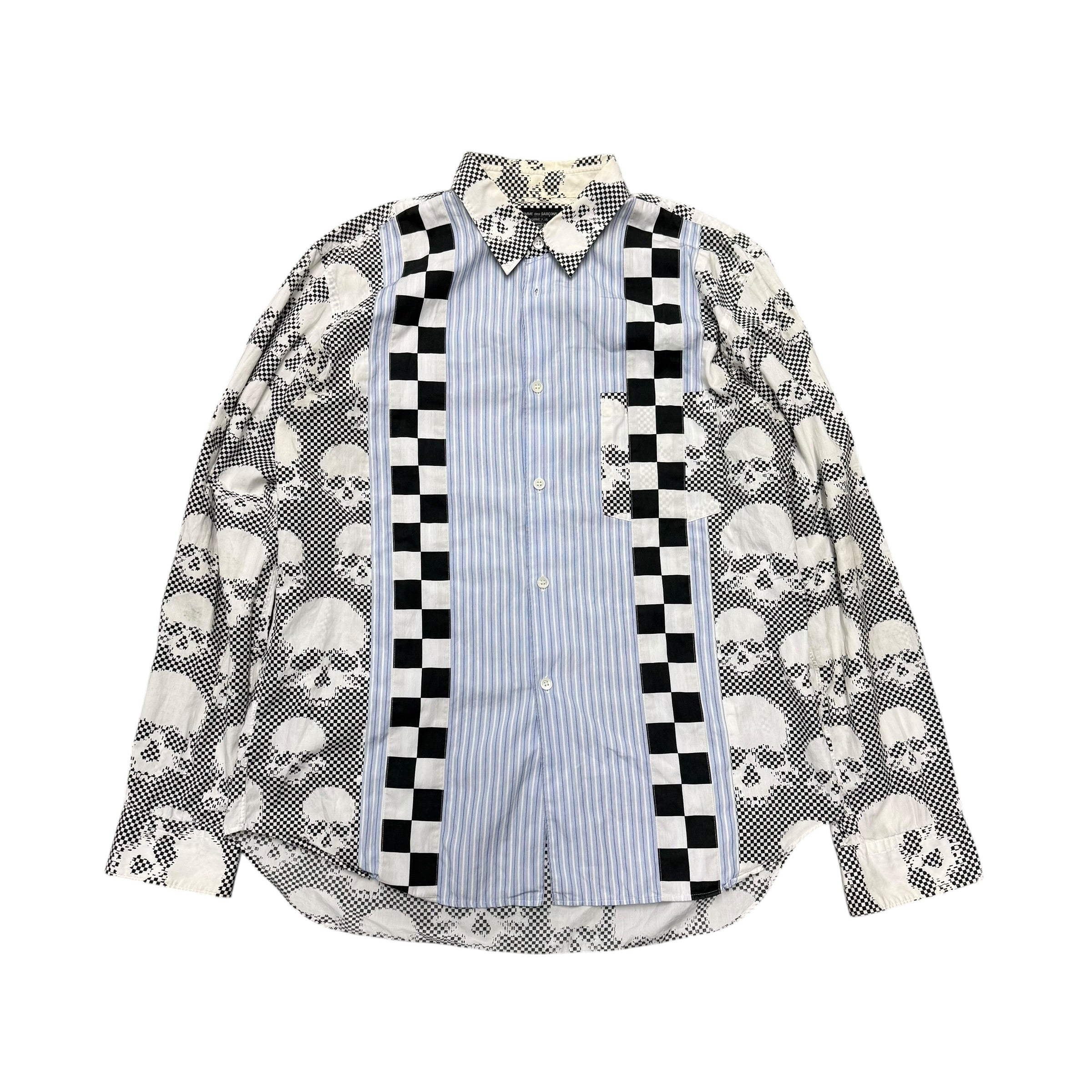 CDG HYBRID SKULL & CHECKERED PRINT BUTTON UP SHIRT.