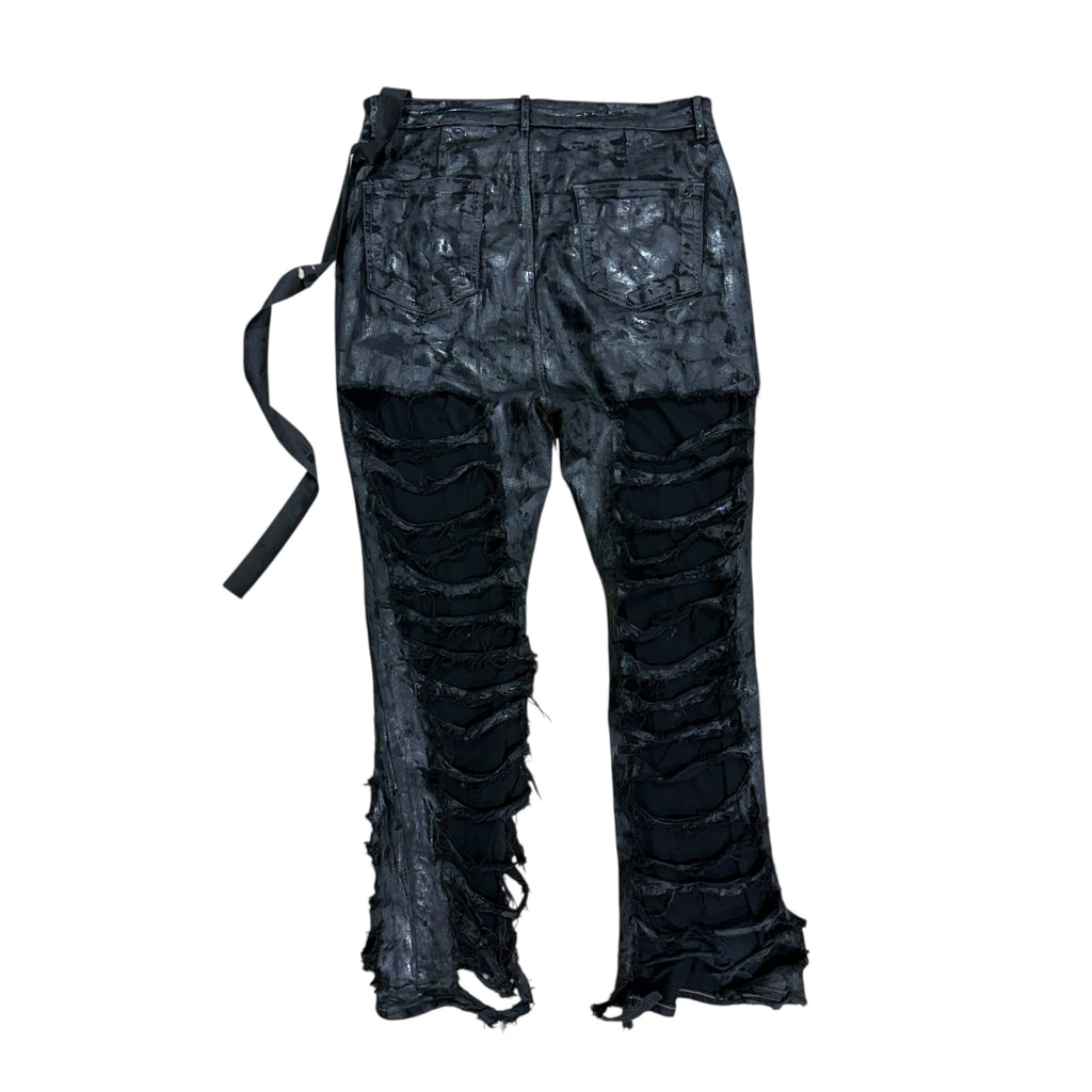 RICK OWENS DETROIT CUT DESTROYED JEANS.