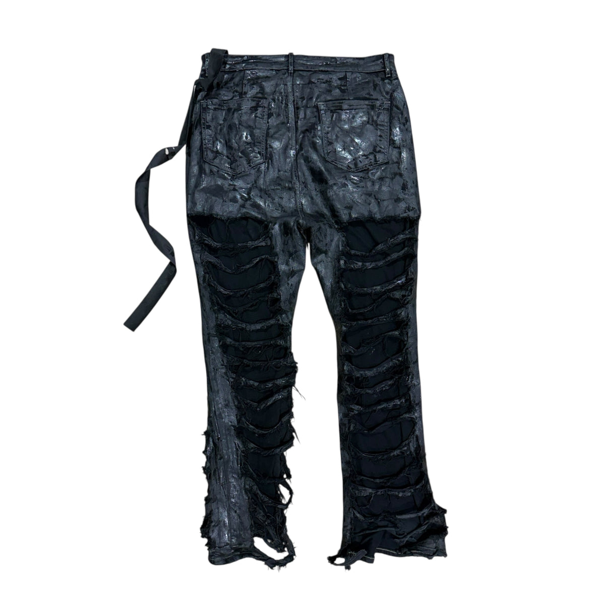 RICK OWENS DETROIT CUT DESTROYED JEANS.