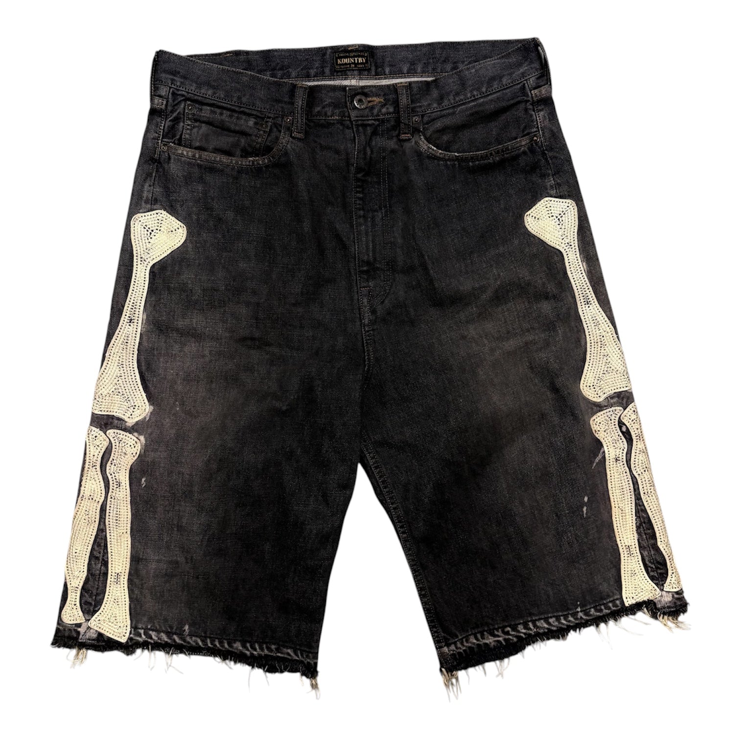 KAPITAL GRAY BONE DENIM SHORTS.