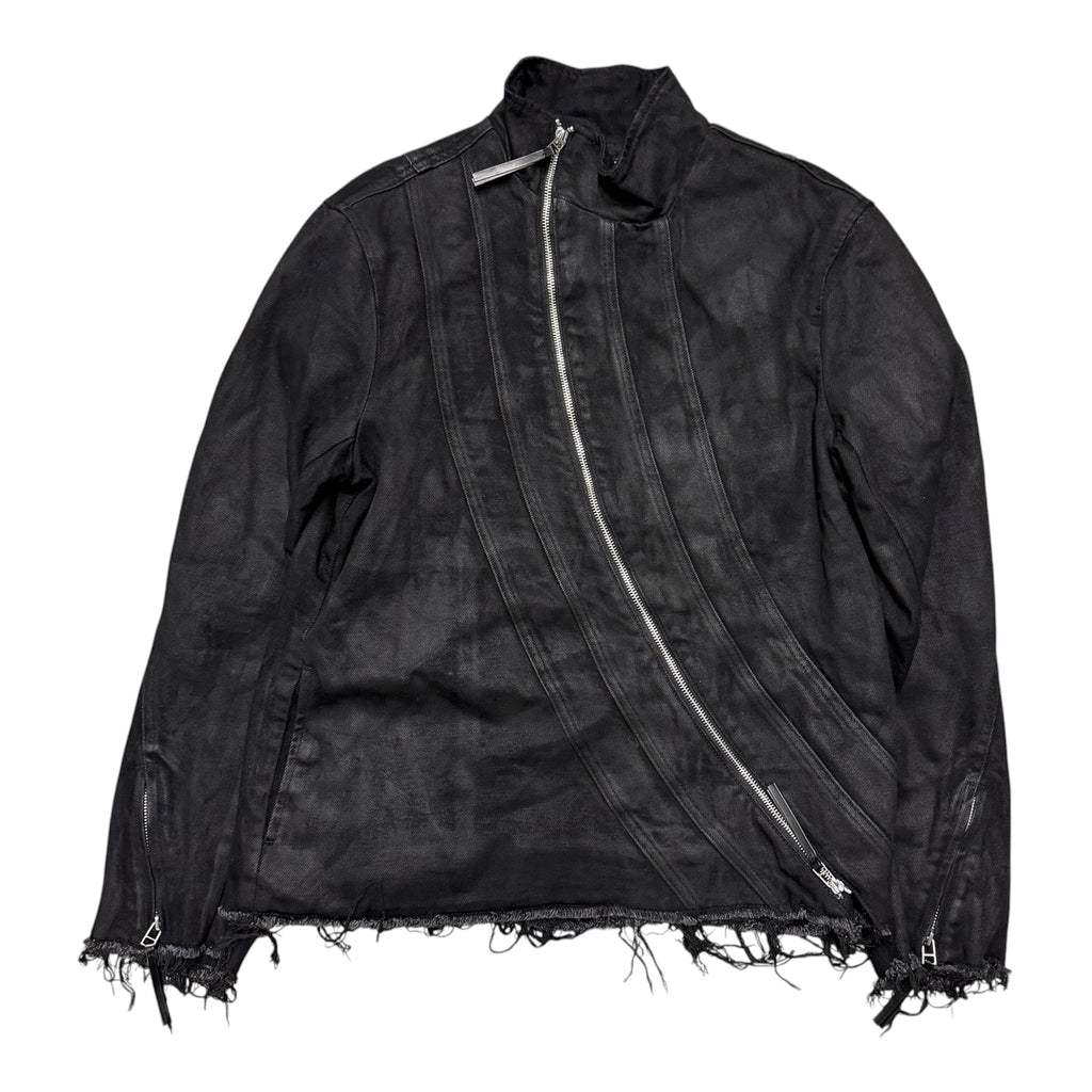 TROUBLED WATERS ASYMMETRICAL WAXED JACKET.