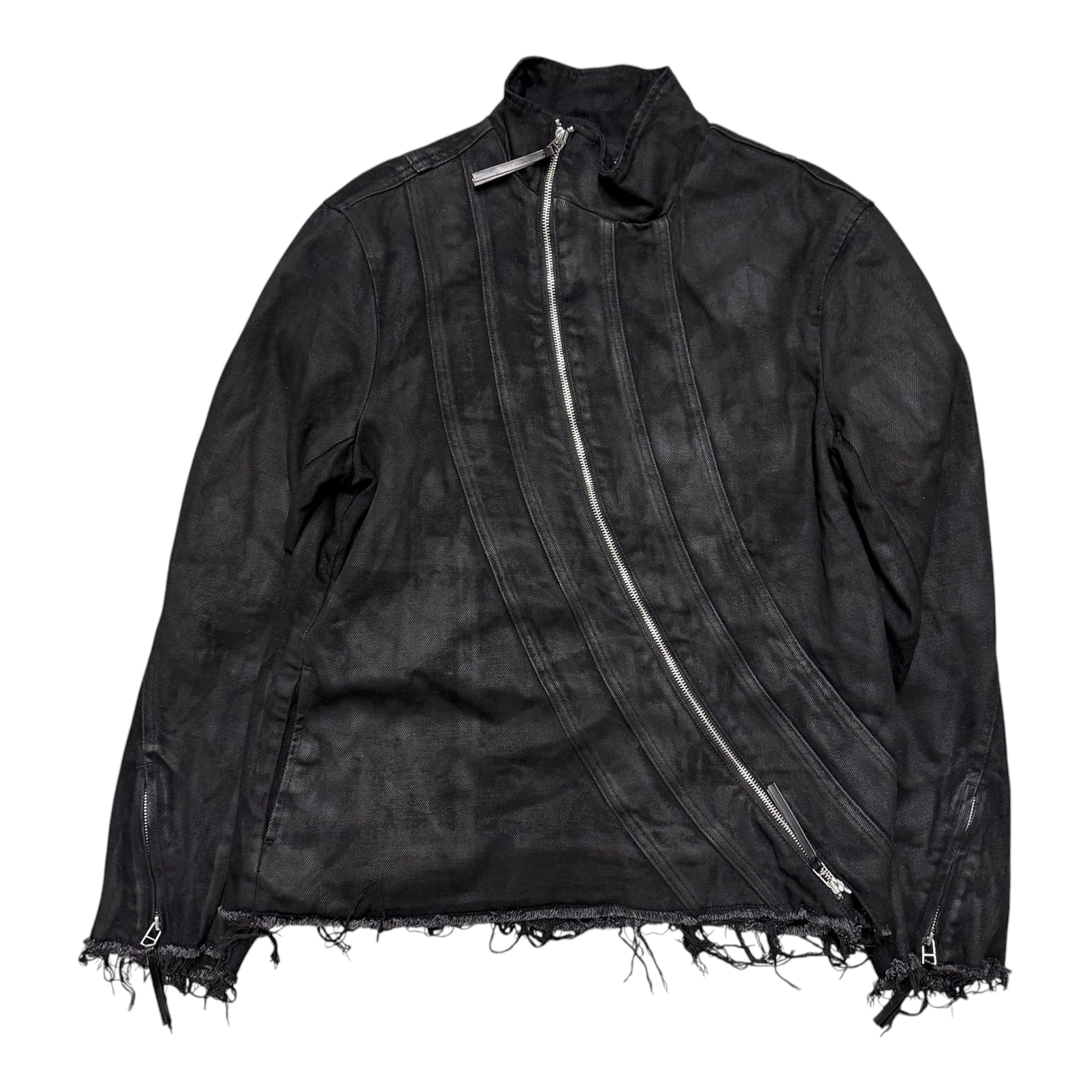 TROUBLED WATERS ASYMMETRICAL WAXED JACKET.
