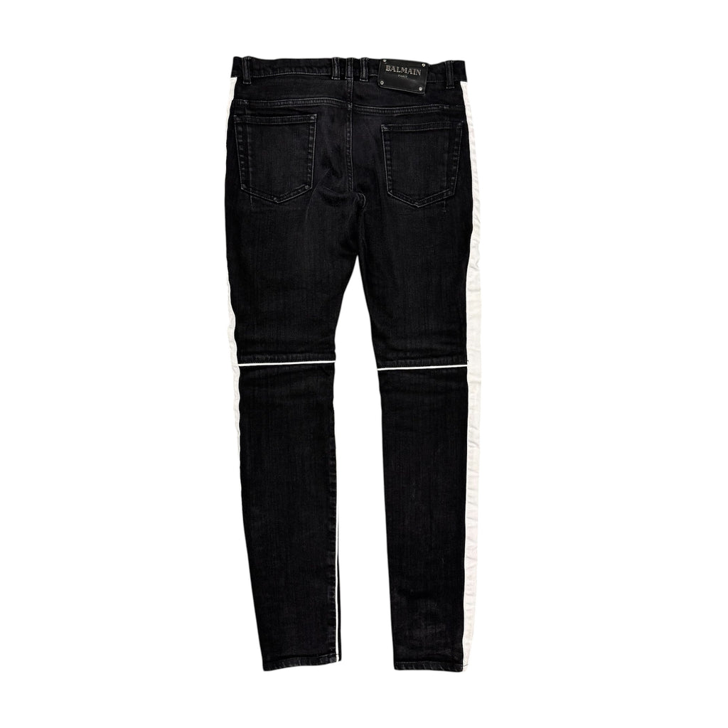 BALMAIN BLACK & WHITE SLIM BIKER JEANS.