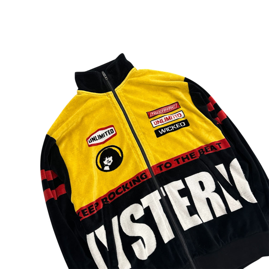 HYSTERIC GLAMOUR SUEDE YELLOW & BLACK LOGO ZIP UP.