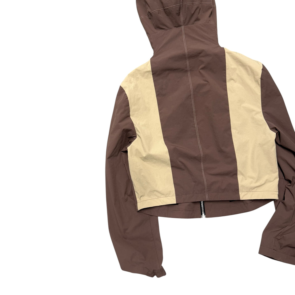 UNCERTAIN FACTOR BROWN ZIP UP NYLON JACKET.