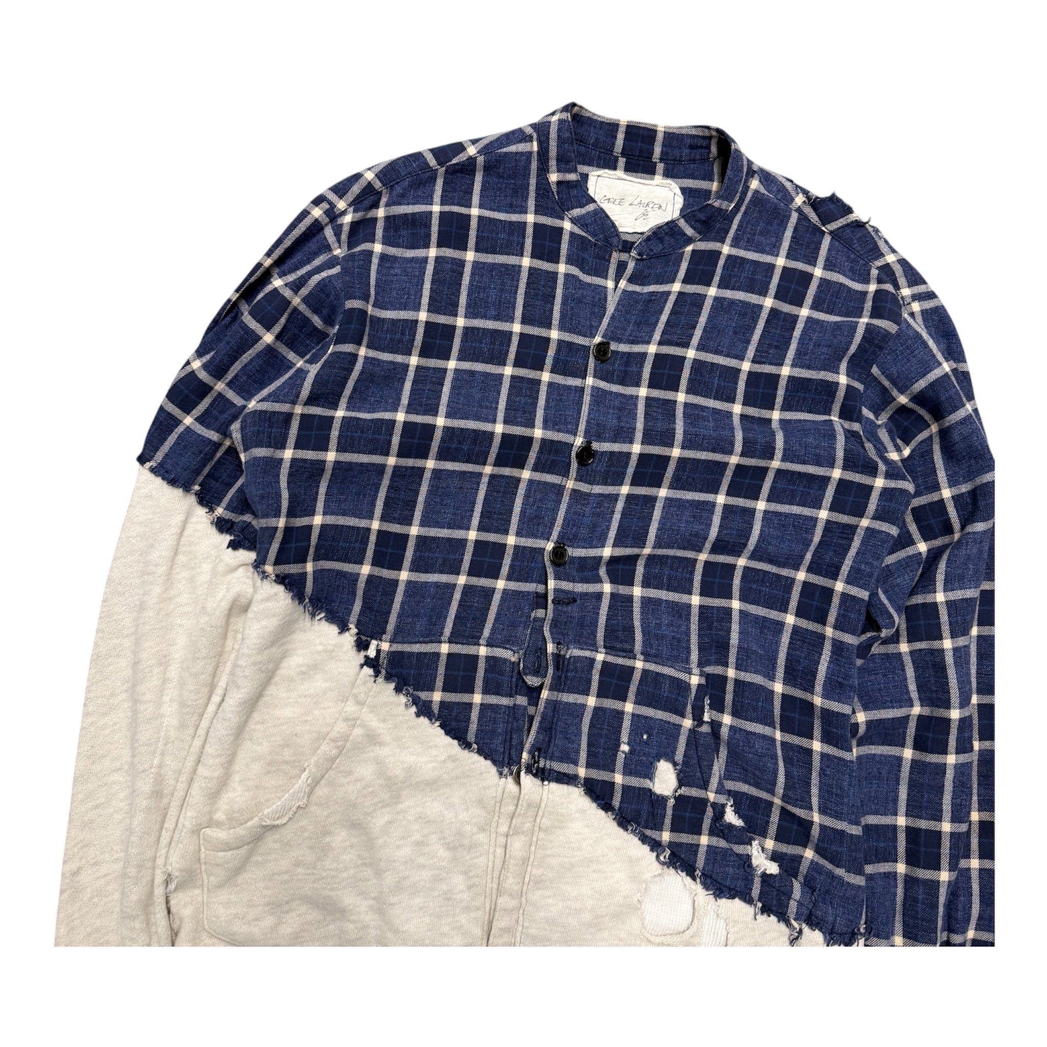 GREG LAUREN RAW HEM HYBRID FLANNEL SHIRT.