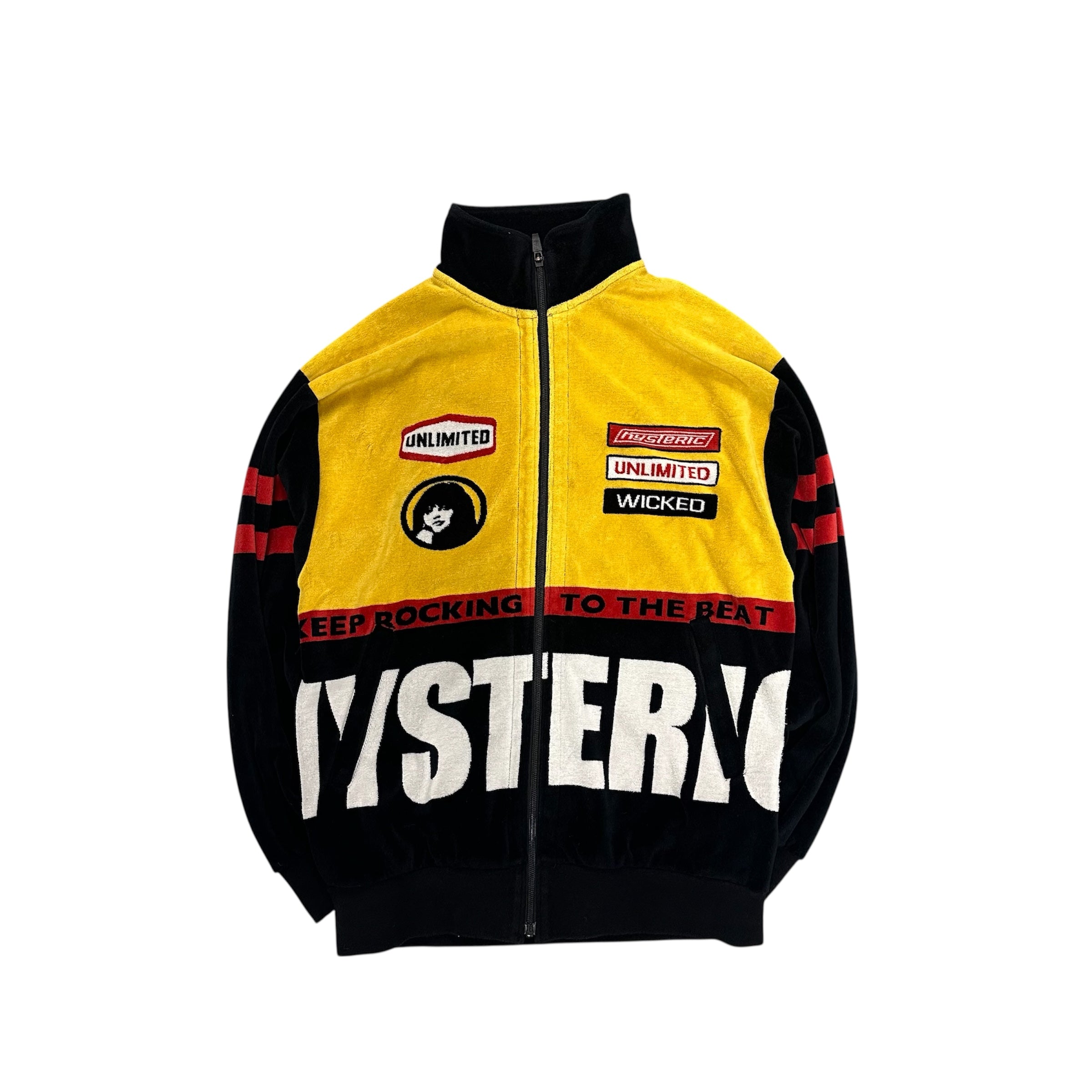 HYSTERIC GLAMOUR SUEDE YELLOW & BLACK LOGO ZIP UP.