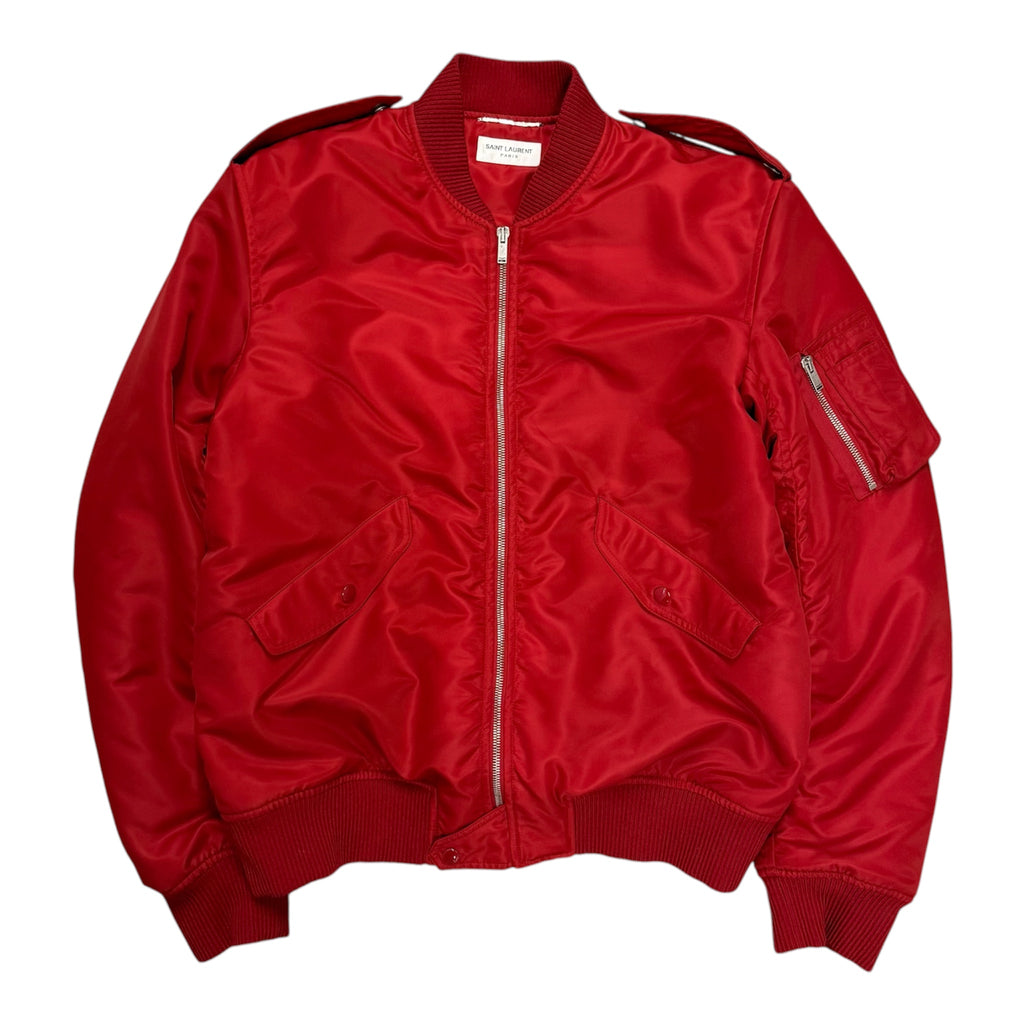 SAINT LAURENT RED SILK NYLON BOMBER JACKET.