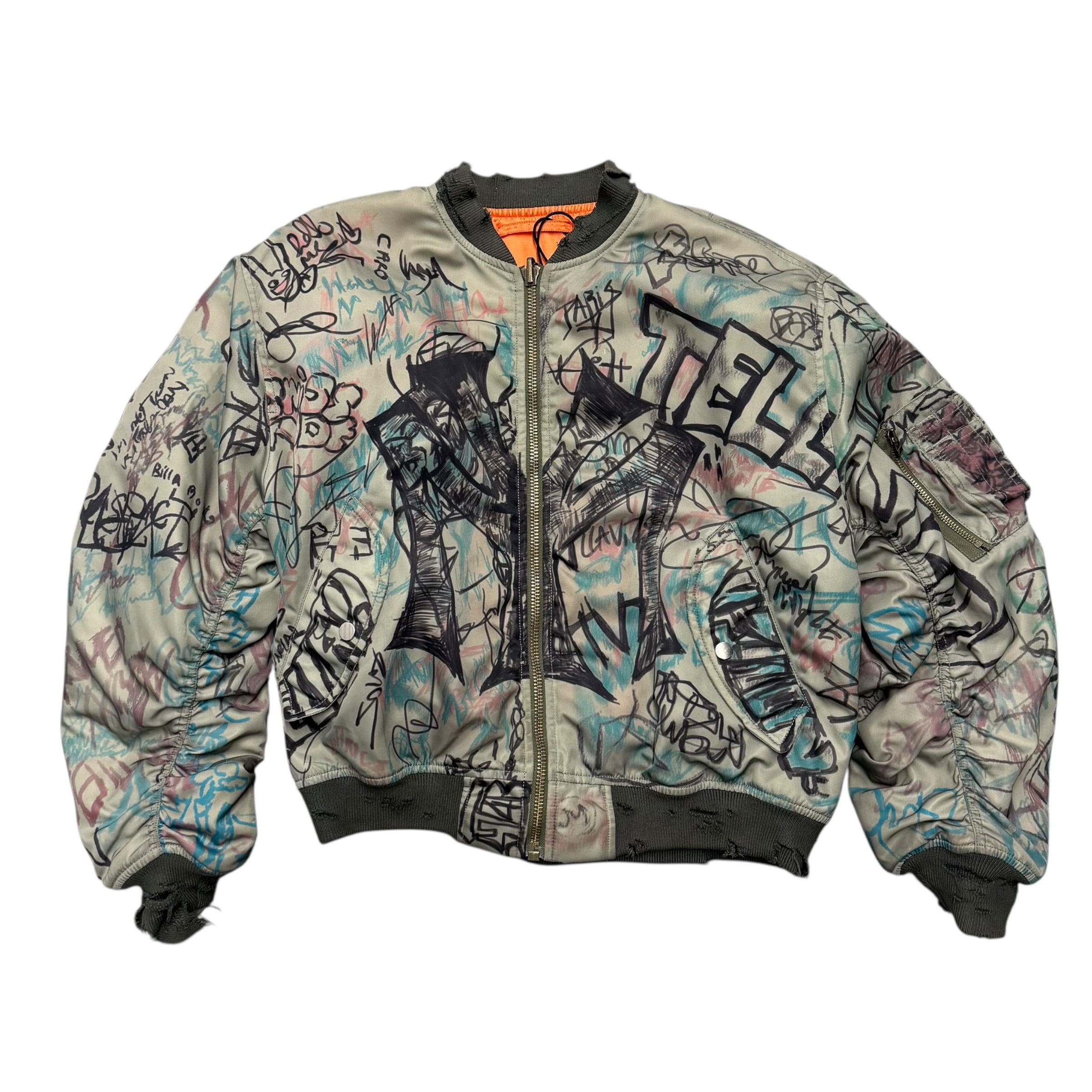 MOWALOLA GREEN GRAFFITI V1 BOMBER JACKET.