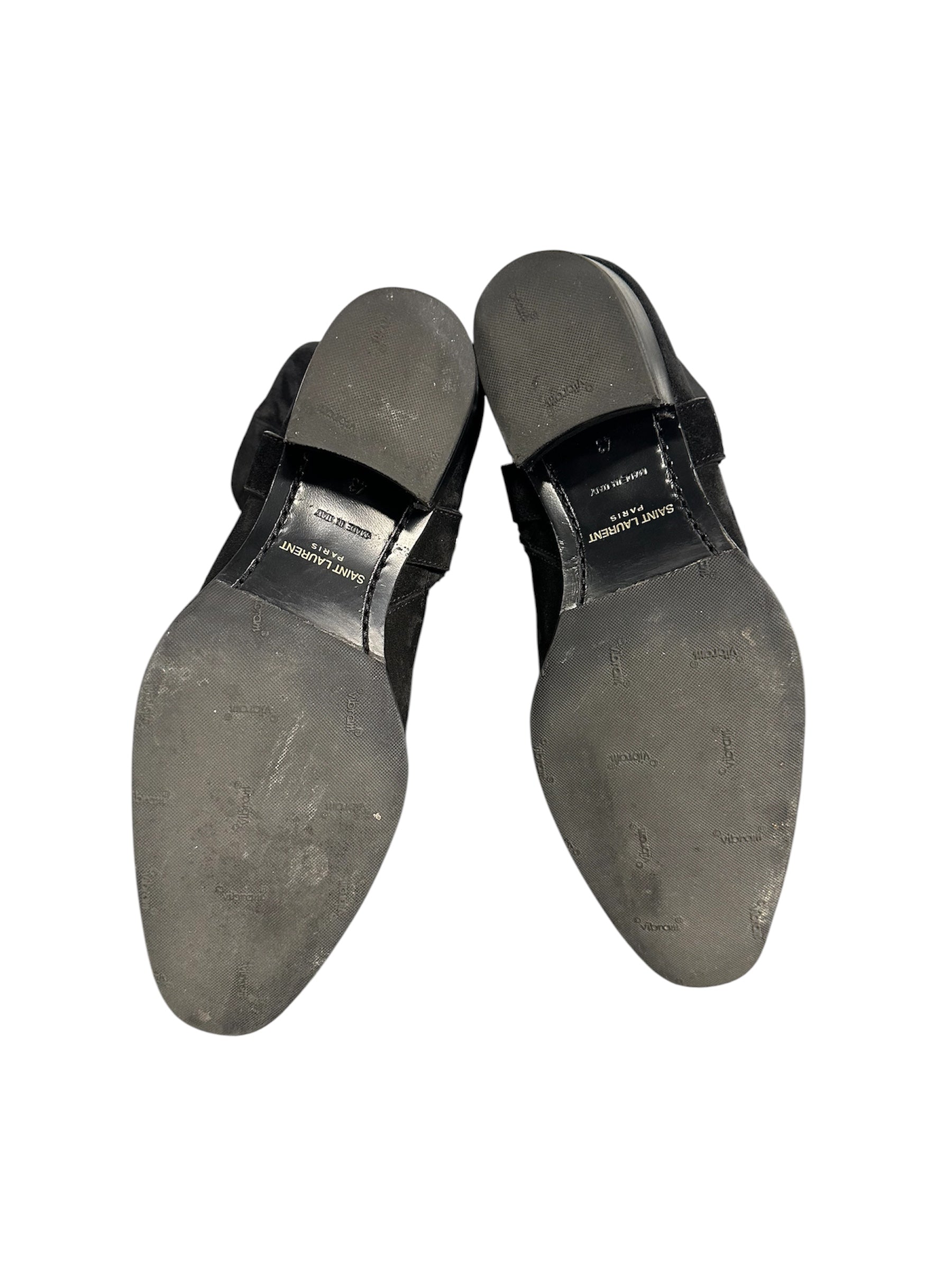 SAINT LAURENT WYATT HARNESS BLACK SUEDE BOOTS.