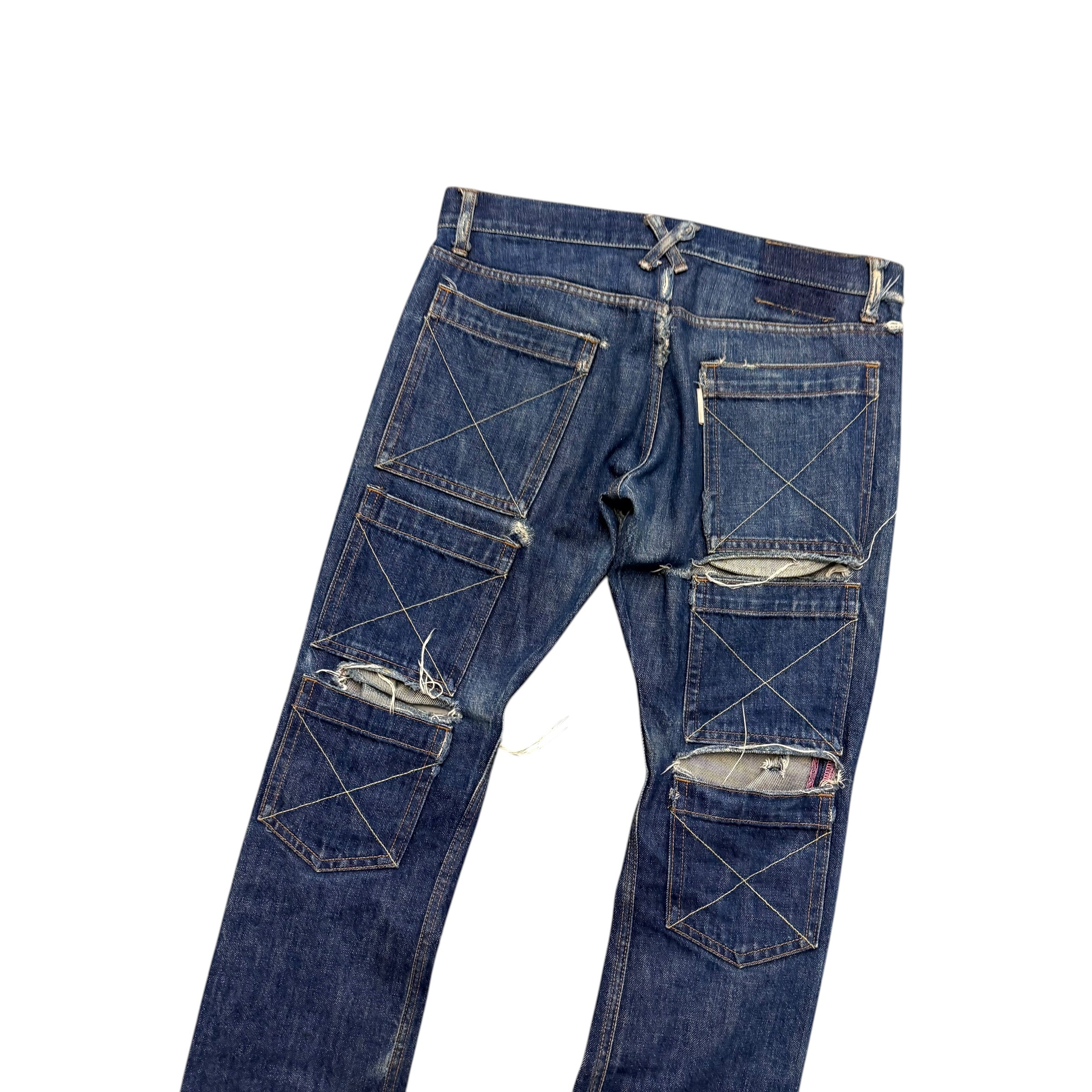 20471120 AW19 DOUBLE SEX MULTI-POCKET DISTRESSED INDIGO DENIM.
