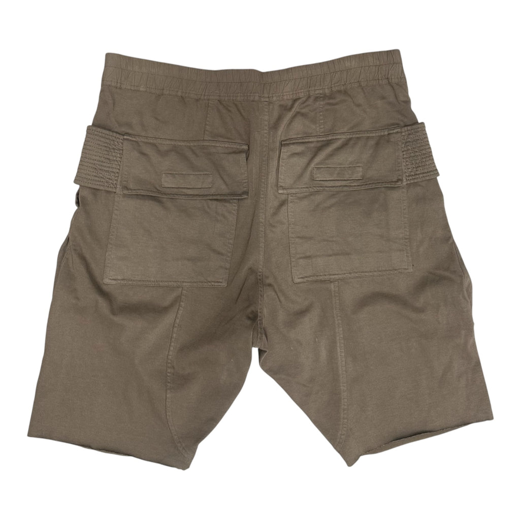 RICK OWENS BROWN SUEDE CREATCH CARGO SHORTS.