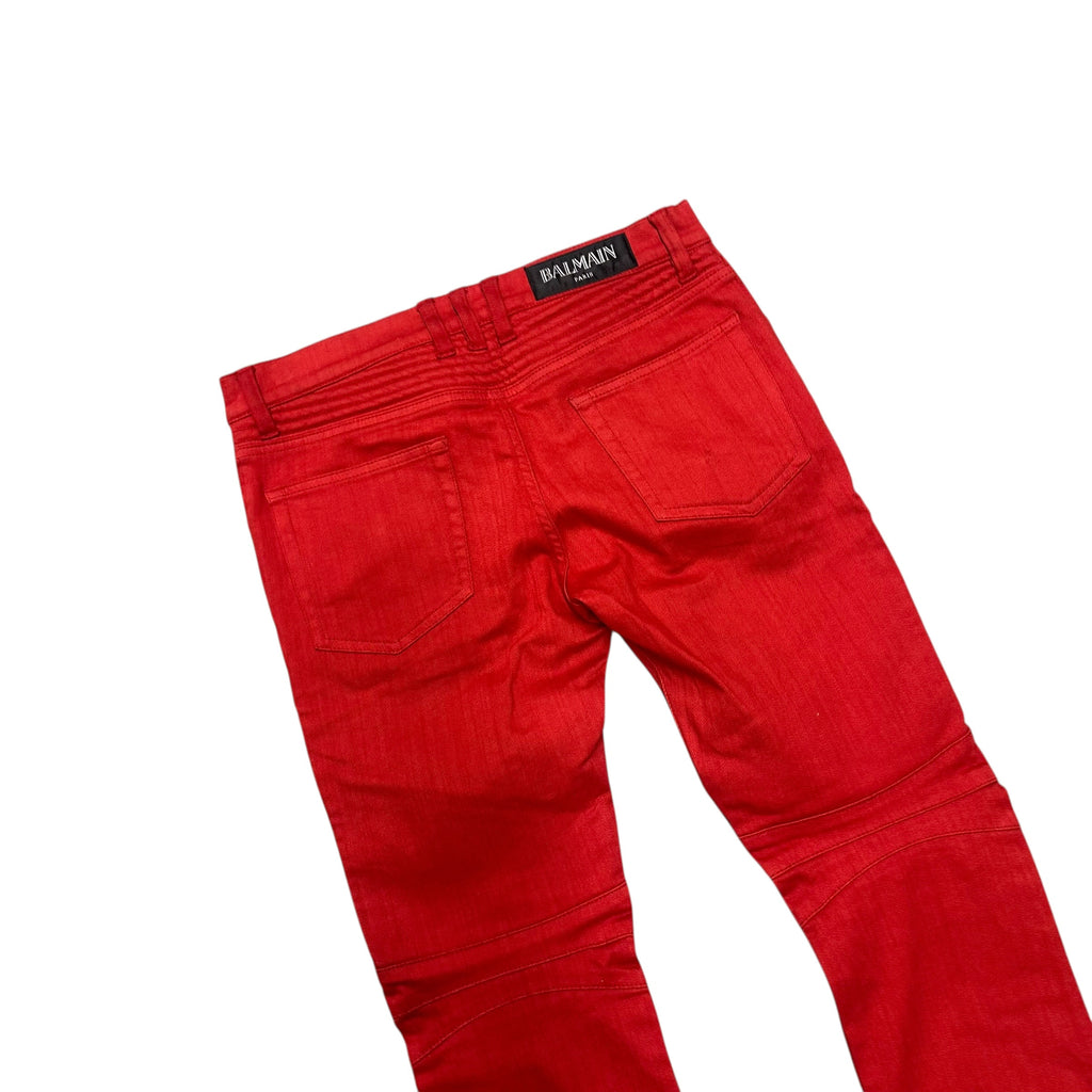 RED BALMAIN BIKER DENIM.